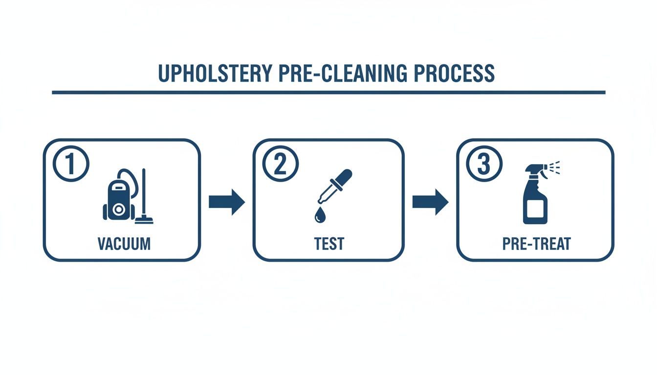 Diagram illustrating the three-step upholstery pre-cleaning process: vacuum, test, and pre-treat.