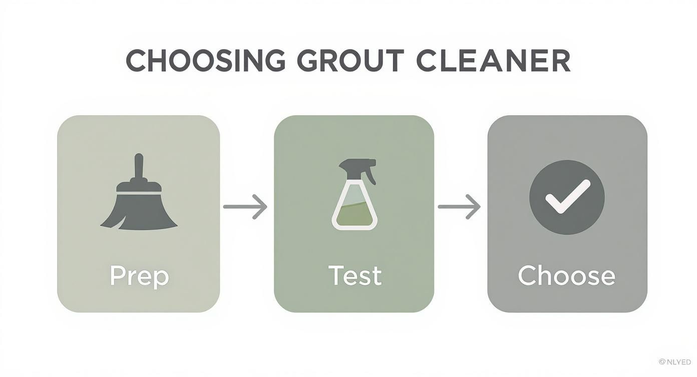 A three-step guide for choosing grout cleaner, showing prep, test, and final choice.