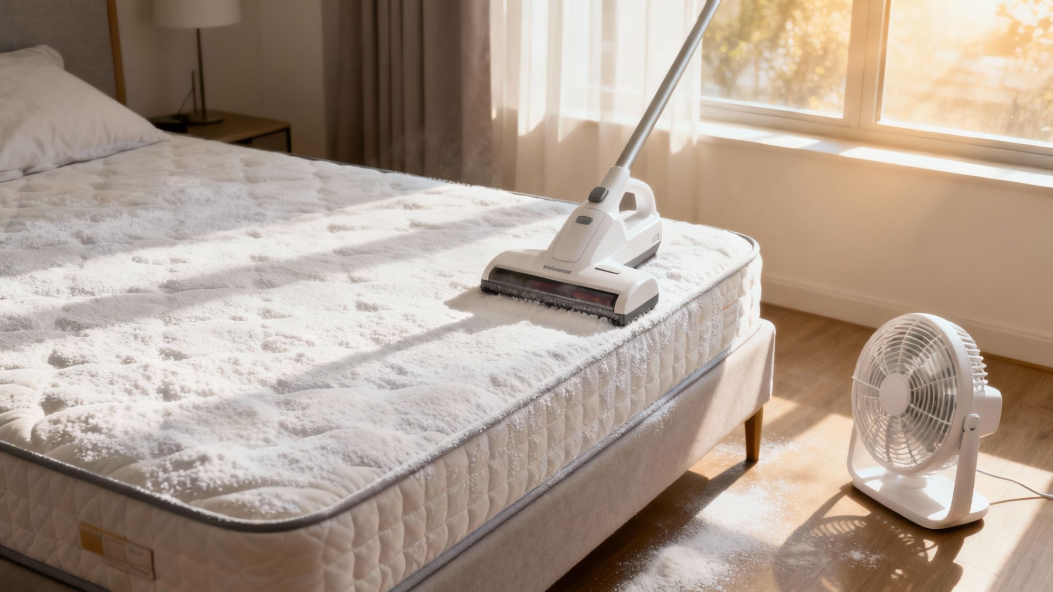 Vacuum cleaner removing dust and debris from white mattress surface with fan circulating air nearby