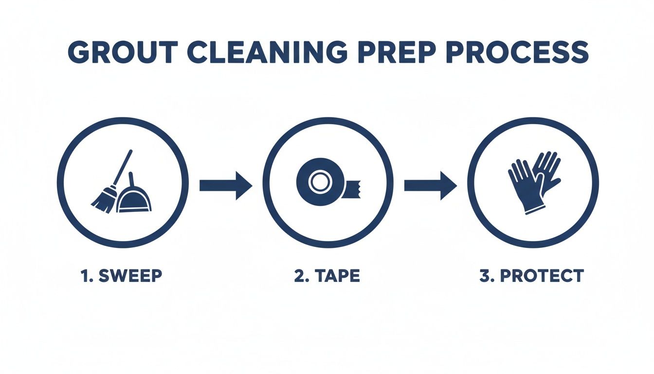 Three-step infographic for grout cleaning preparation: sweep, tape, and protect with gloves.