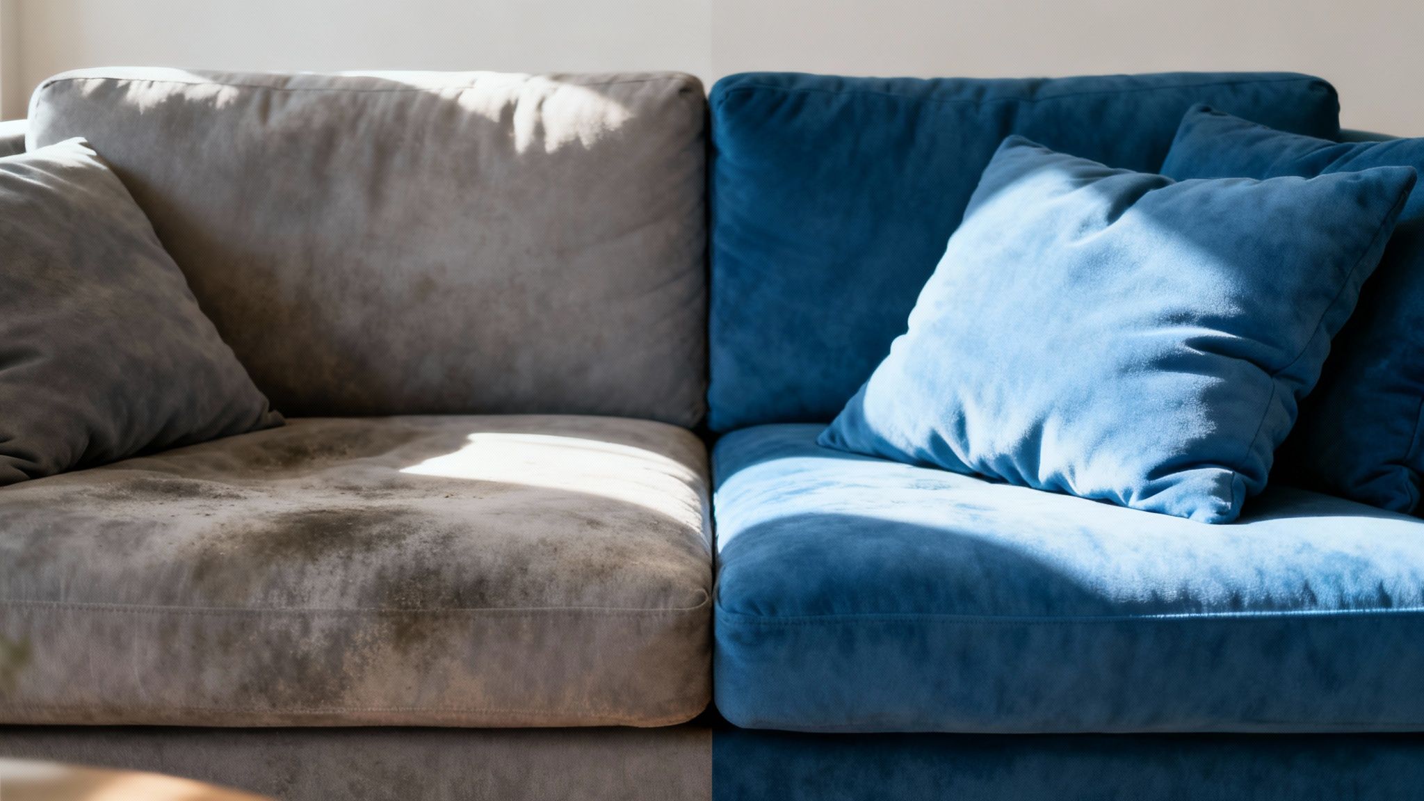 A split image comparing a dirty, stained grey sofa with a clean, vibrant blue sofa, showcasing effective cleaning.