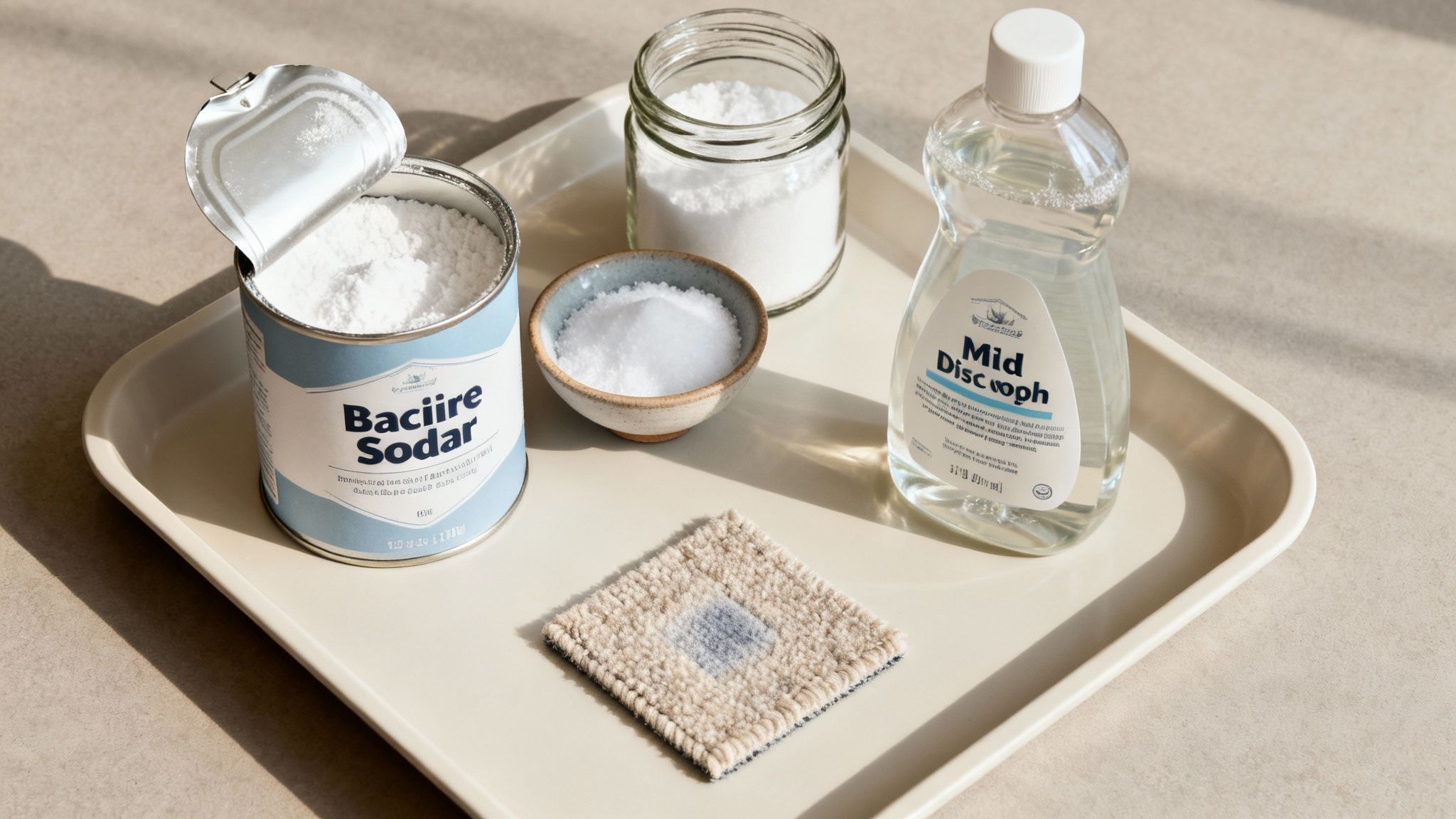 Ingredients for a homemade carpet cleaning solution, including baking soda and dish soap, on a tray with a stained carpet sample.