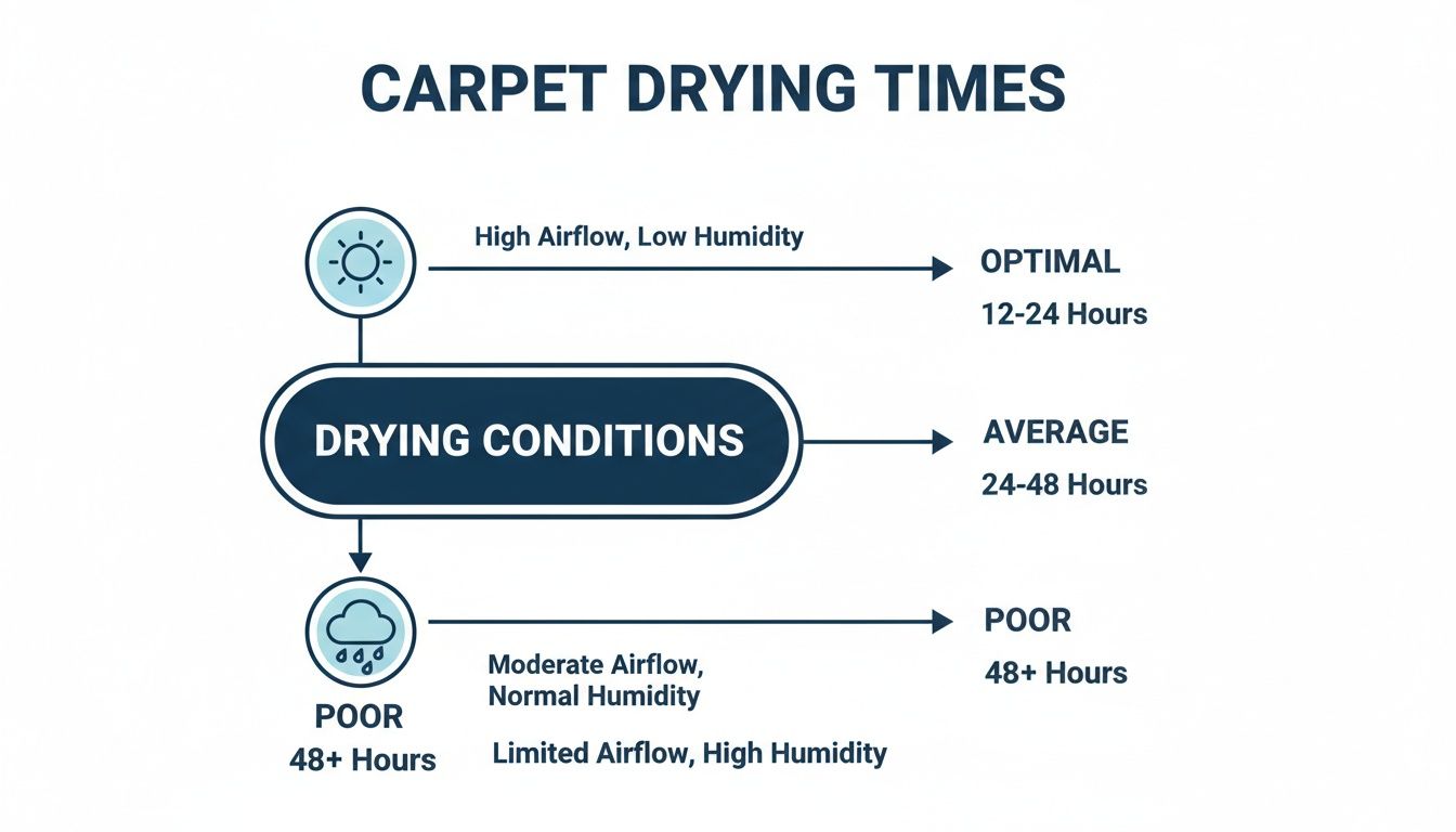 Chart showing optimal, average, and poor carpet drying times with different environmental factors.