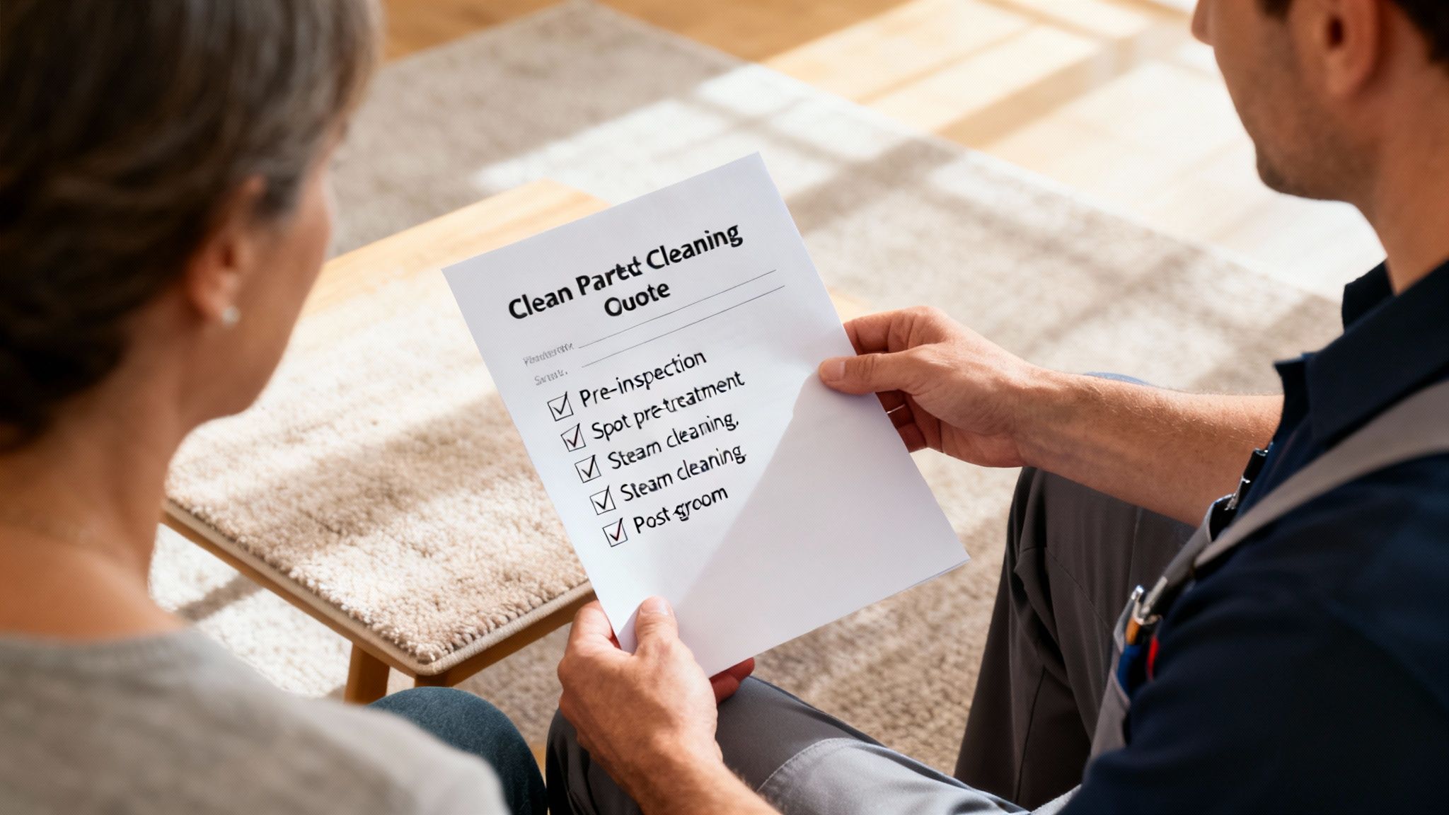 A carpet cleaning technician explains a detailed service quote to a client in a home setting.