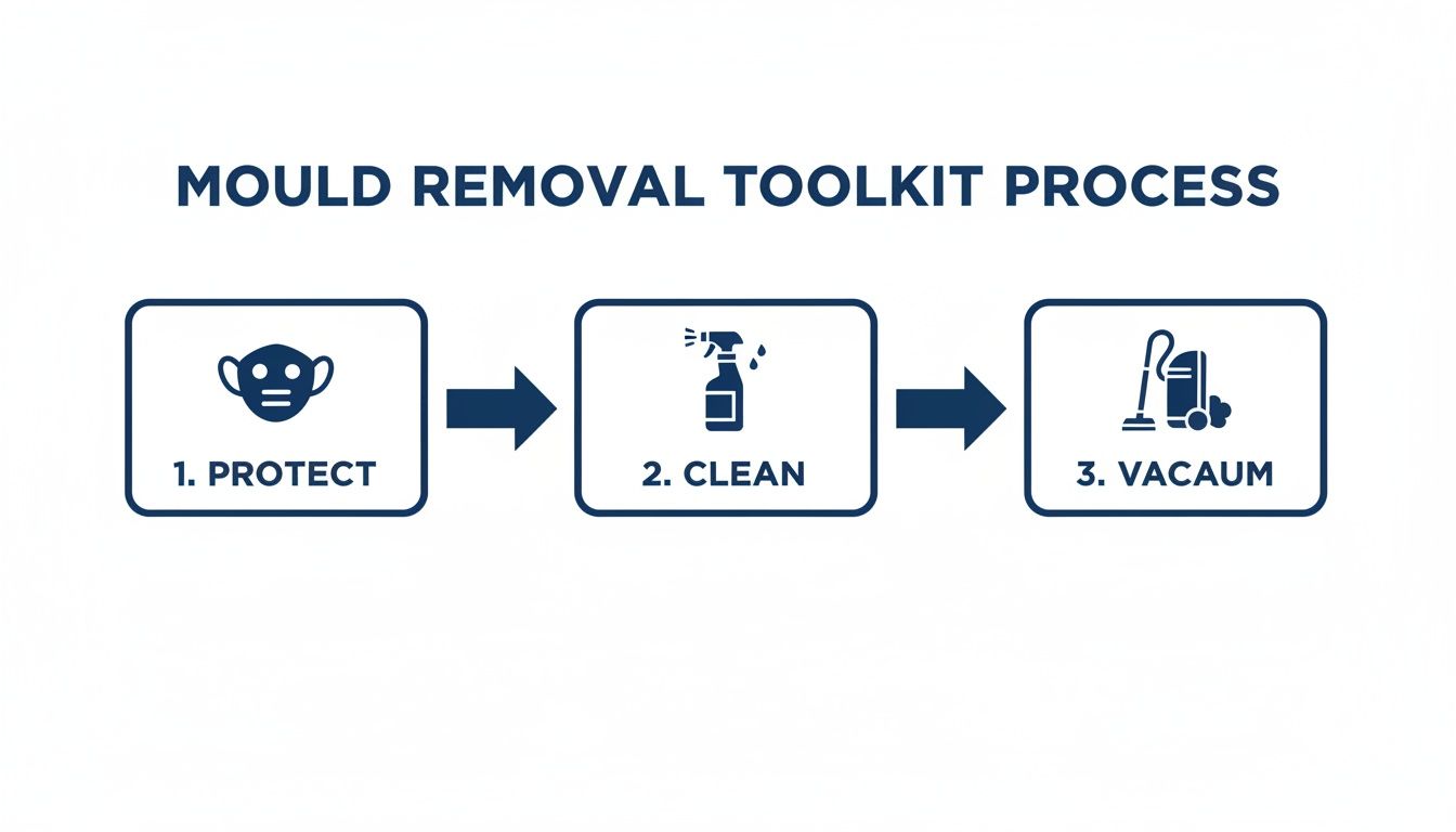 Illustrated steps for mould removal: protect with mask, clean with spray, and vacuum.