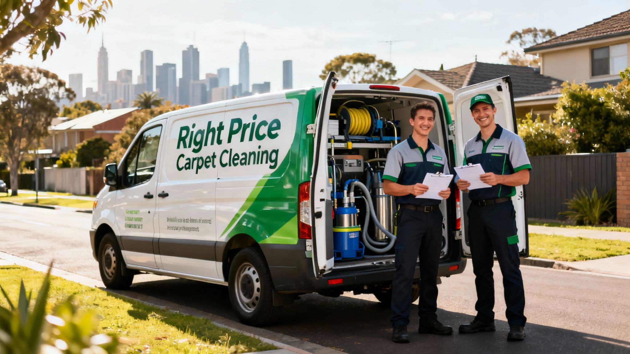 Two friendly carpet cleaners stand by their branded van with cleaning equipment, a city skyline in the background.