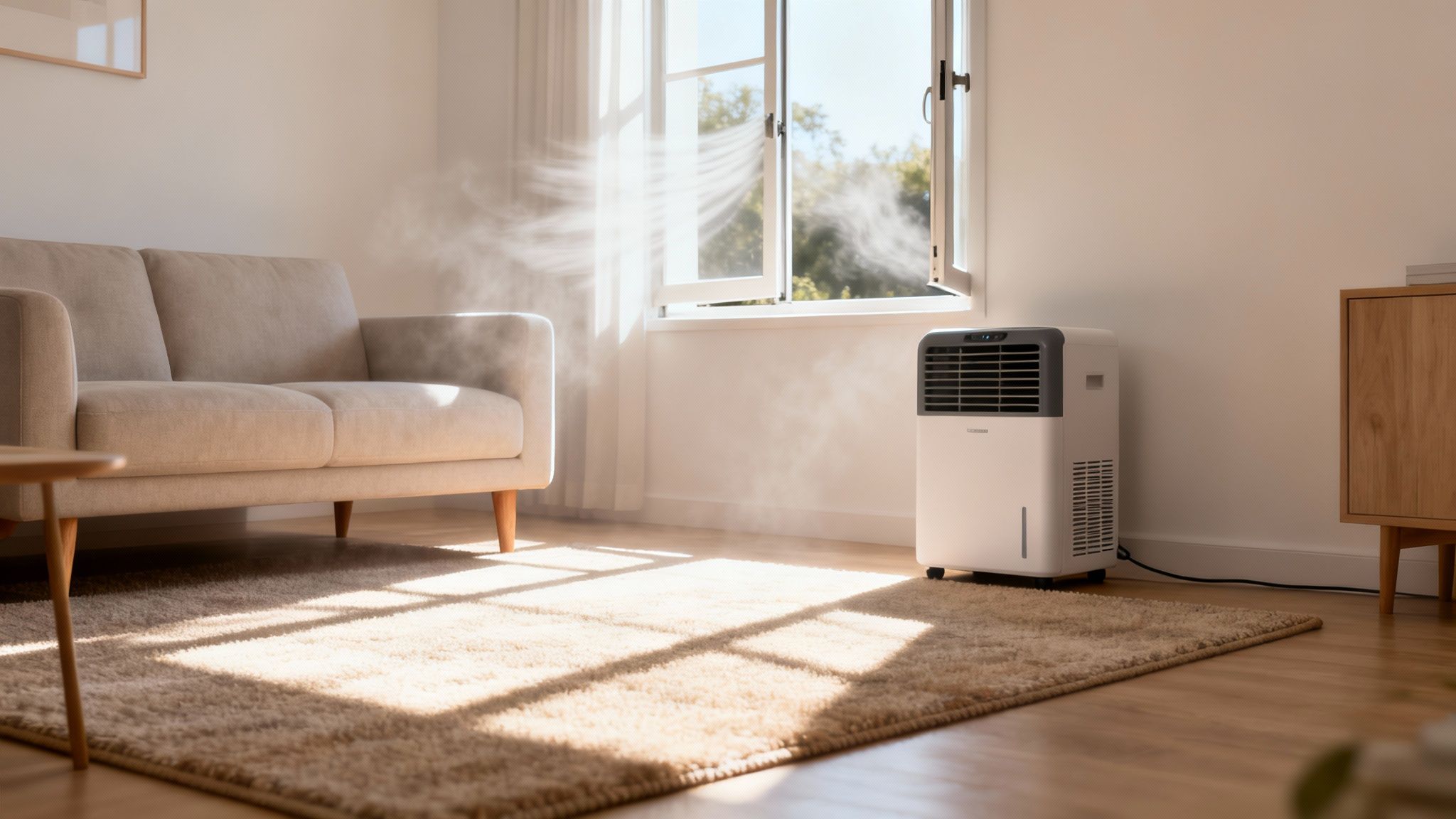 Bright living room with a beige sofa, shaggy rug, and a portable humidifier emitting mist by an open window.