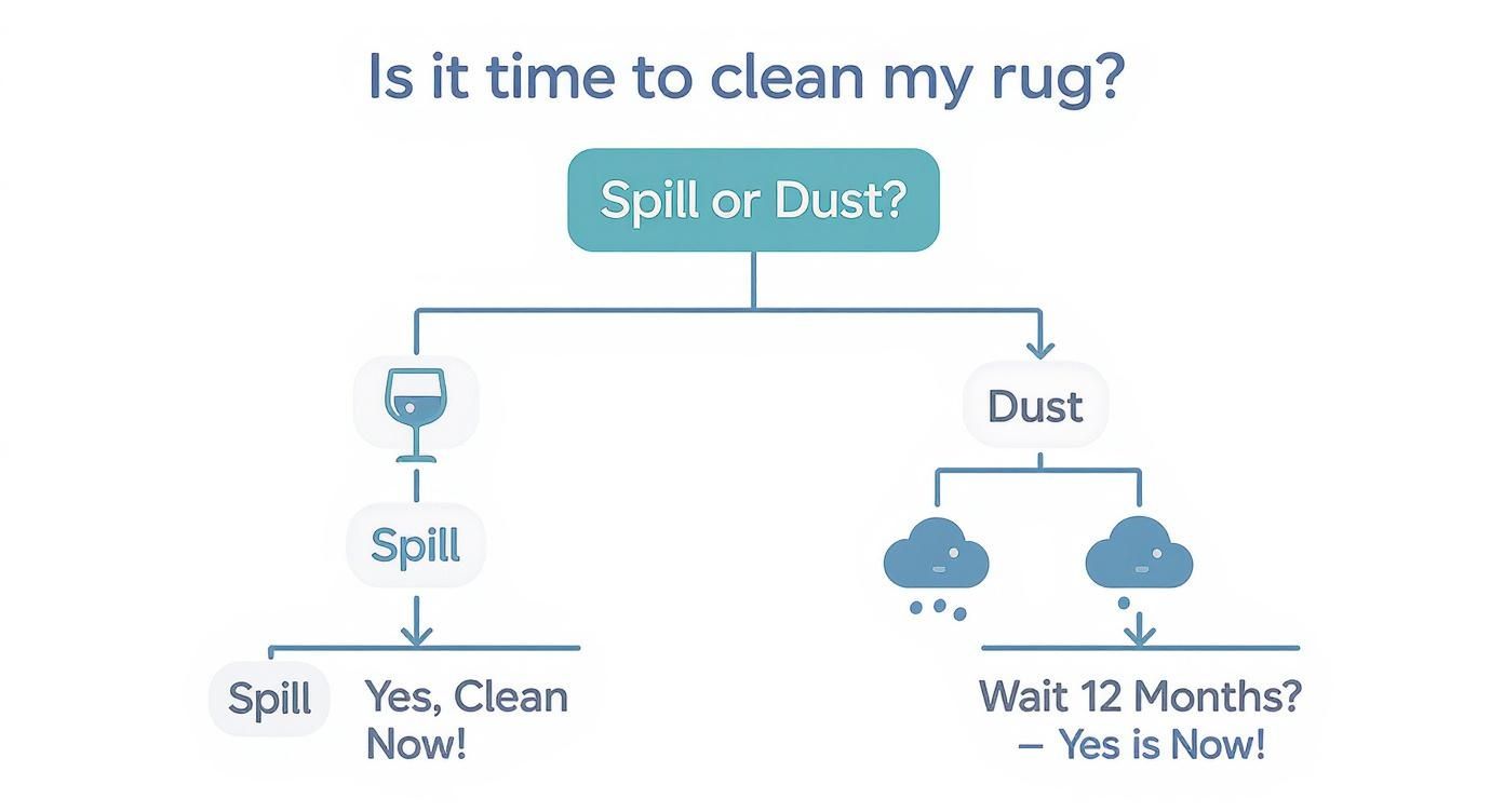 A flowchart titled 'Is it time to clean my rug?' outlining steps for cleaning based on spills or dust.