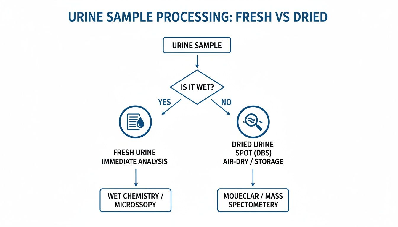 Flowchart illustrating urine sample processing, showing paths for fresh immediate analysis and dried spot spectrometry.