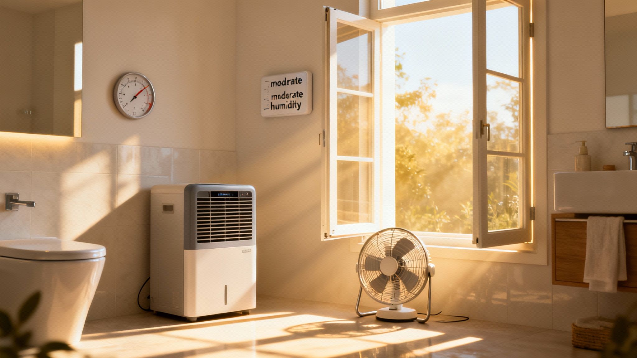A sunlit bathroom with an open window, a modern dehumidifier, a floor fan, and a toilet.