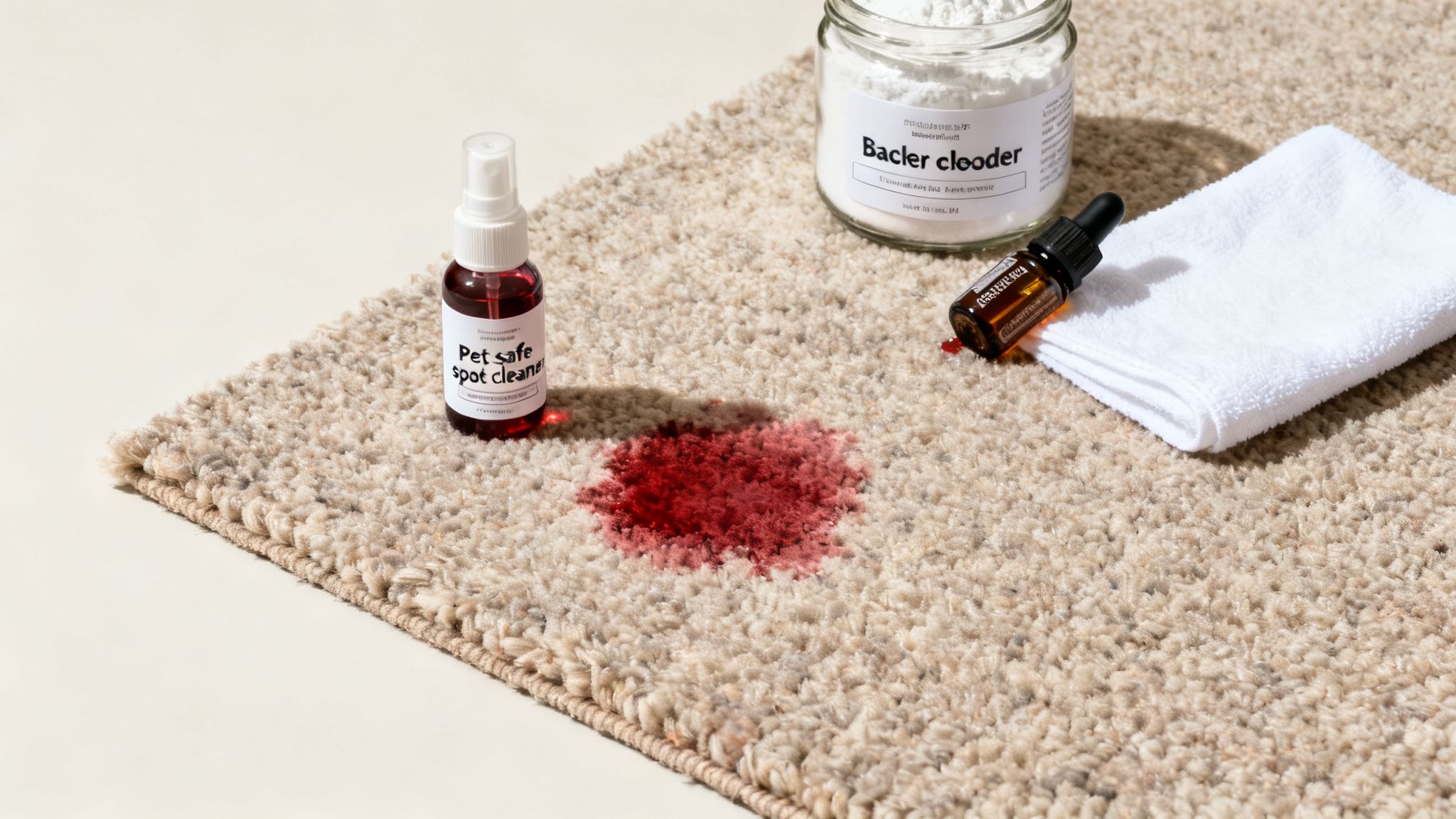Pet-safe spot cleaner, baking soda, essential oil, and towel ready to clean a red spill on a carpet.