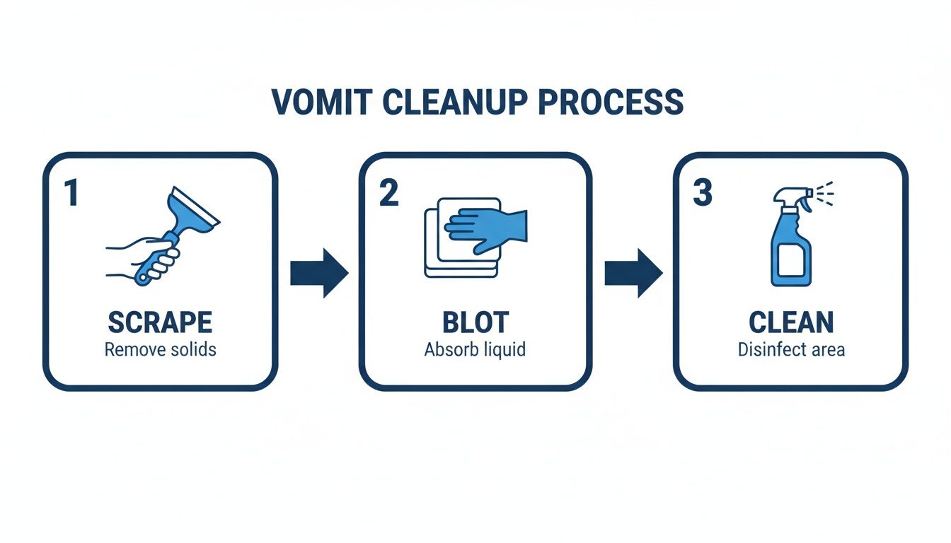 Infographic illustrating a three-step vomit cleanup process: scrape solids, blot liquid, and disinfect the area.