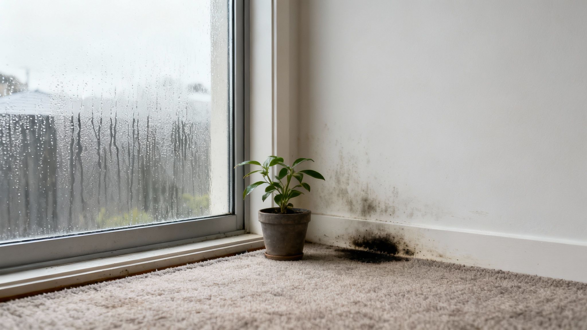 Heavy black mold growth spreading from a damp corner wall onto carpet near a window.