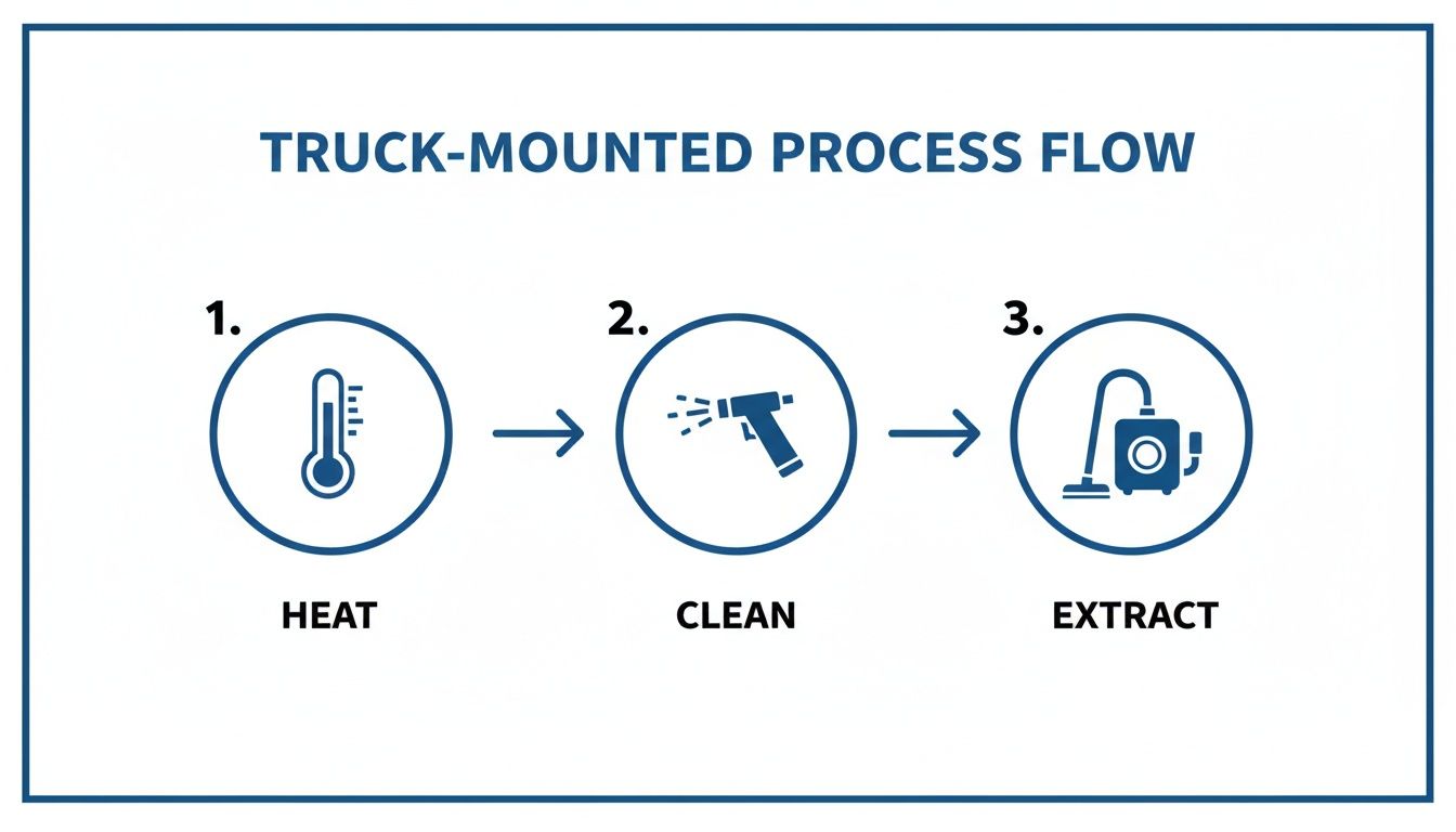 Diagram illustrating a truck-mounted steam cleaning process flow with three steps: heat, clean, and extract.