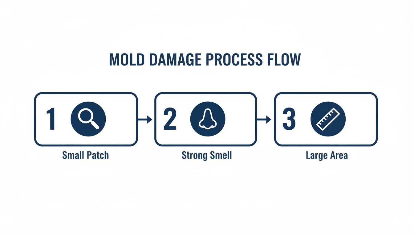 A process flow diagram showing mold damage progression from a small patch to a strong smell and large area.
