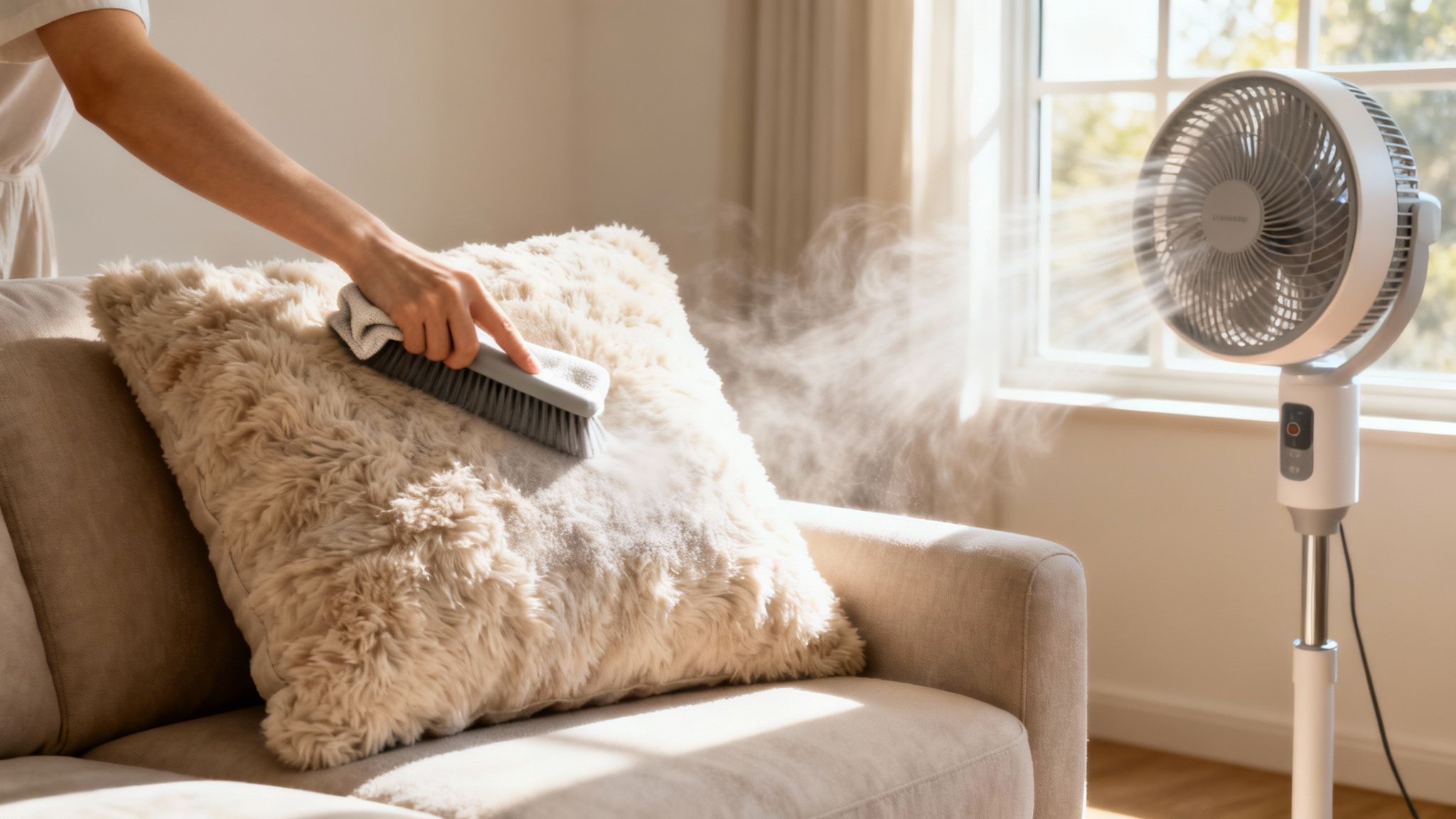 A person brushes a fluffy throw pillow on a beige sofa, with a fan blowing air.