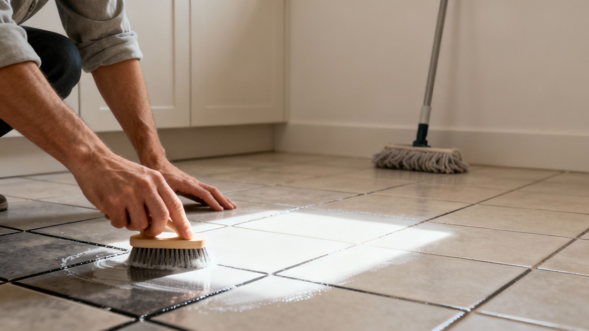 A person on their knees diligently scrubbing dirty kitchen floor tiles with a brush and cleaning solution.