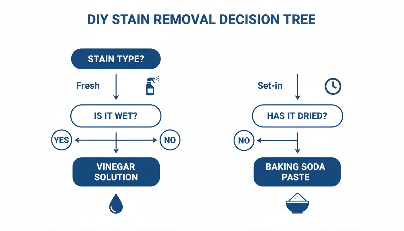 A DIY stain removal decision tree flowchart for fresh and set-in stains, recommending vinegar or baking soda.