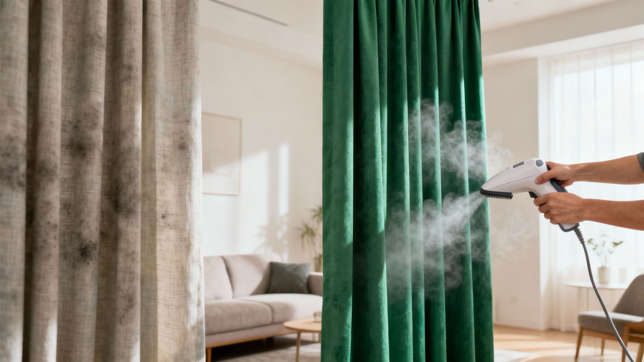 Close-up of hands using a handheld steamer on vibrant green velvet curtains, with beige curtains and a living room background.