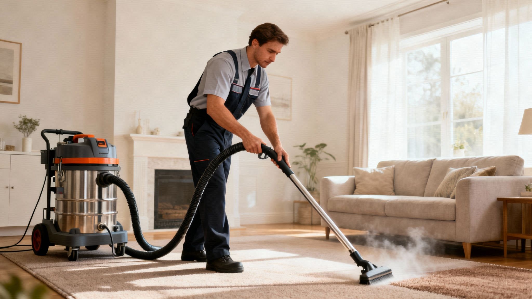 Professional cleaner using a large industrial vacuum to steam clean a beige carpet in a living room.