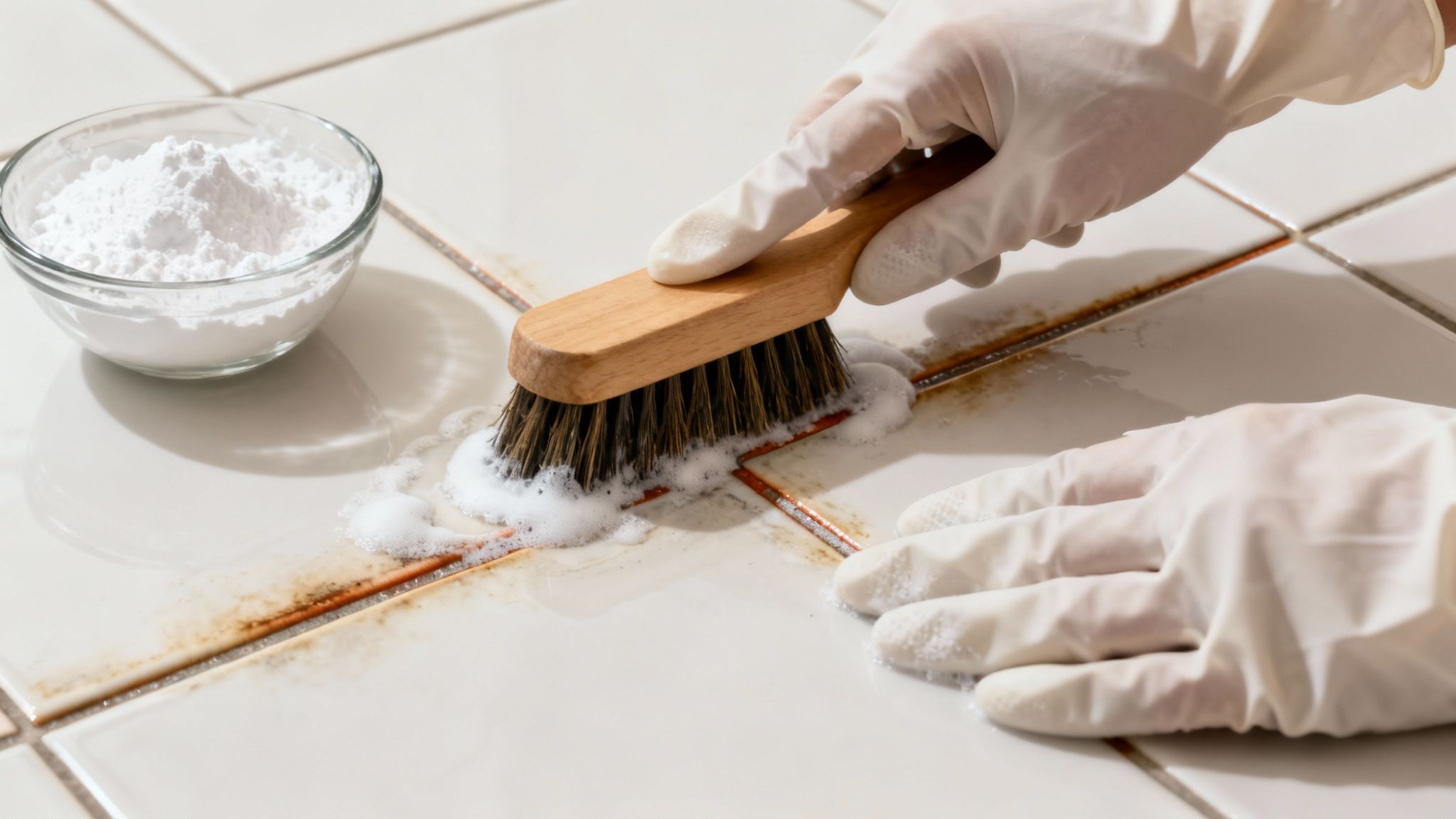 Gloved hands scrubbing dirty bathroom tile grout with a brush and cleaning powder.
