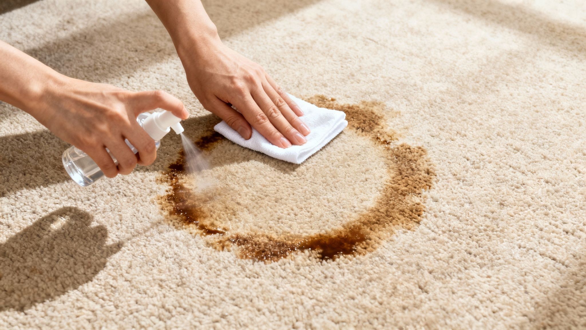 Close-up of a person cleaning a brown liquid stain on a beige carpet using a spray bottle and a white cloth.