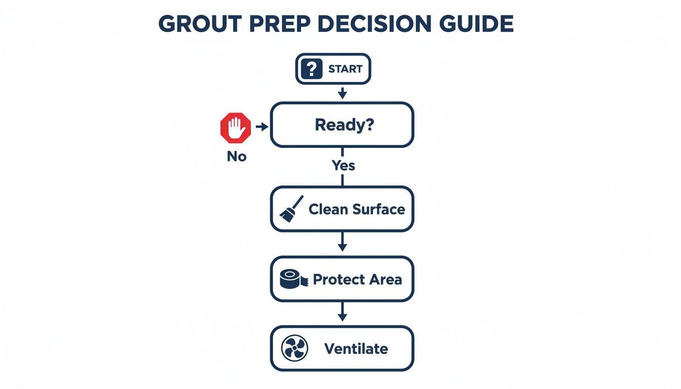 Flowchart for grout preparation: Start, then Ready? If Yes, proceed to Clean Surface, Protect Area, and Ventilate.