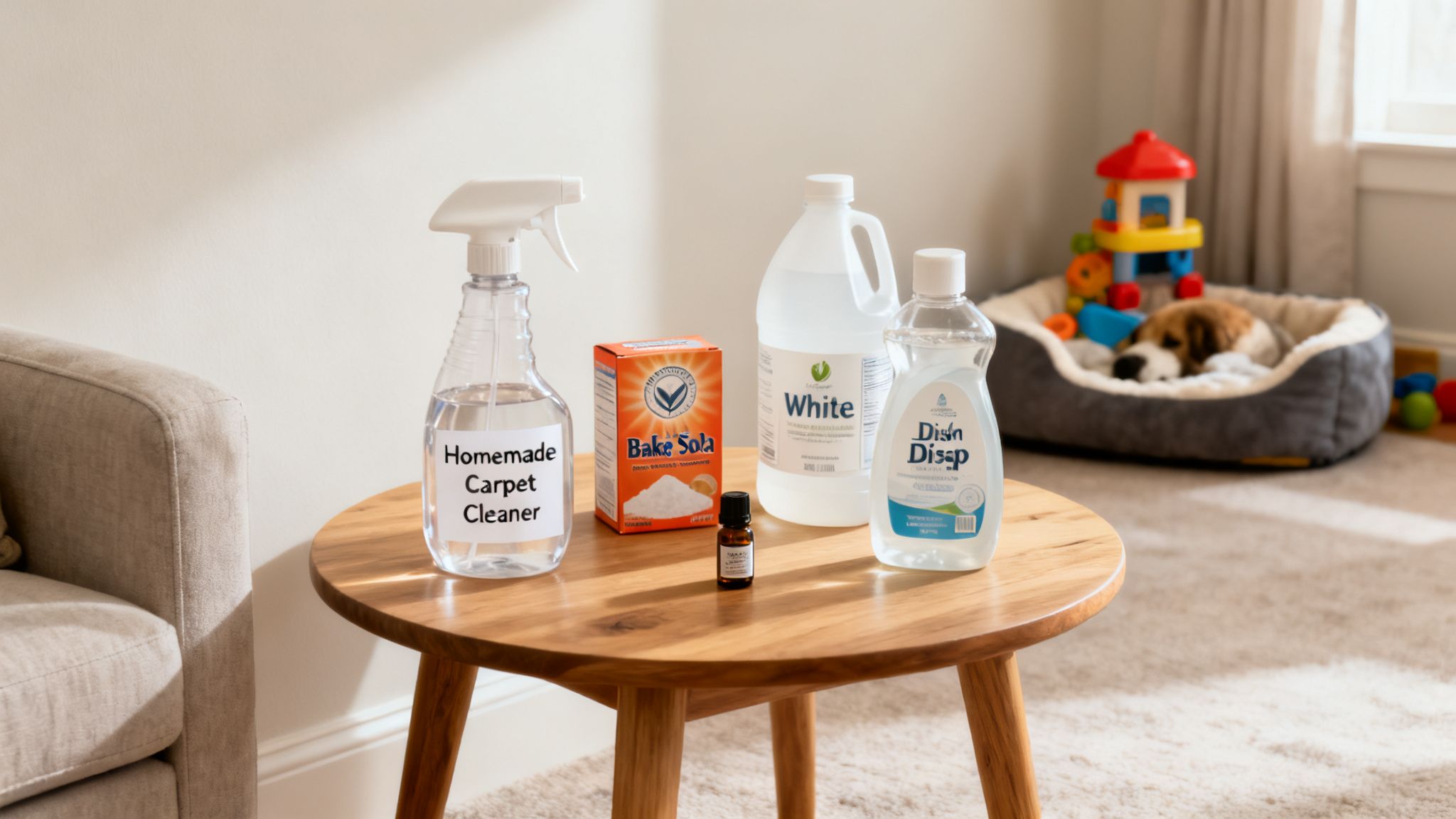 DIY carpet cleaner ingredients: baking soda, white vinegar, dish soap, and essential oil on a wooden table.