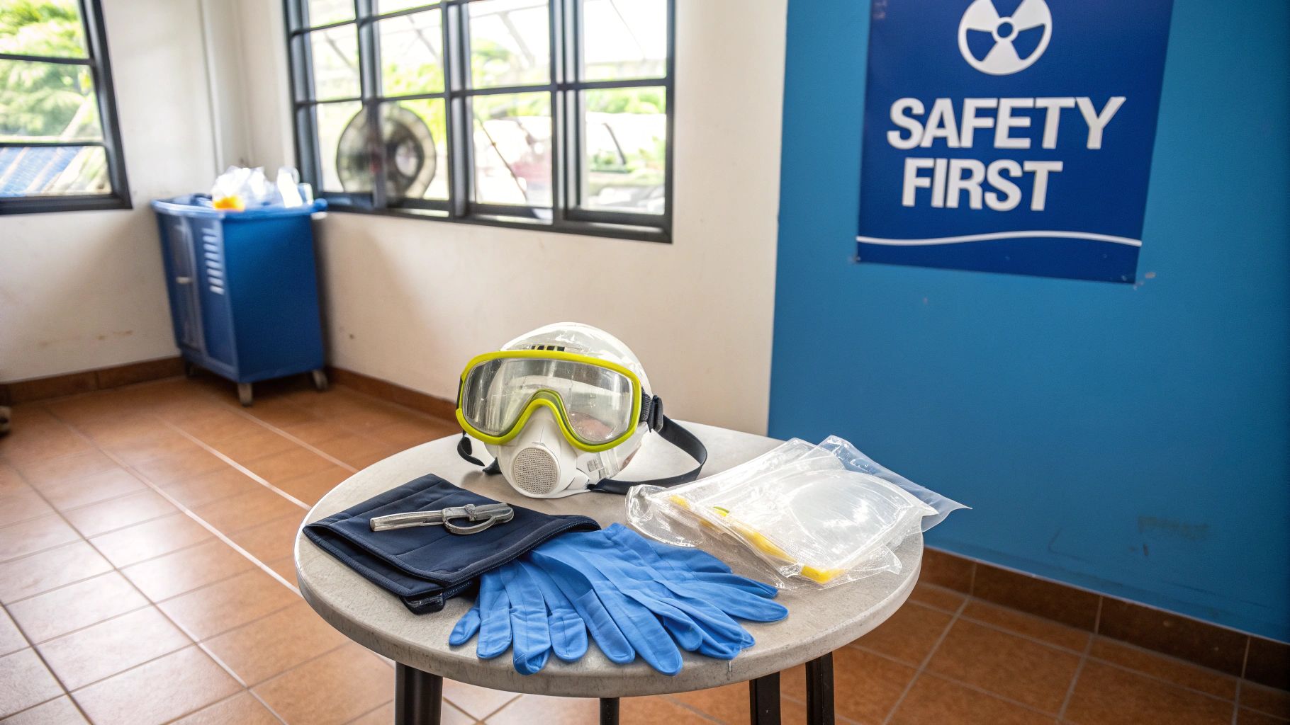 A person wearing yellow rubber gloves and a face mask, preparing to clean a mouldy carpet.