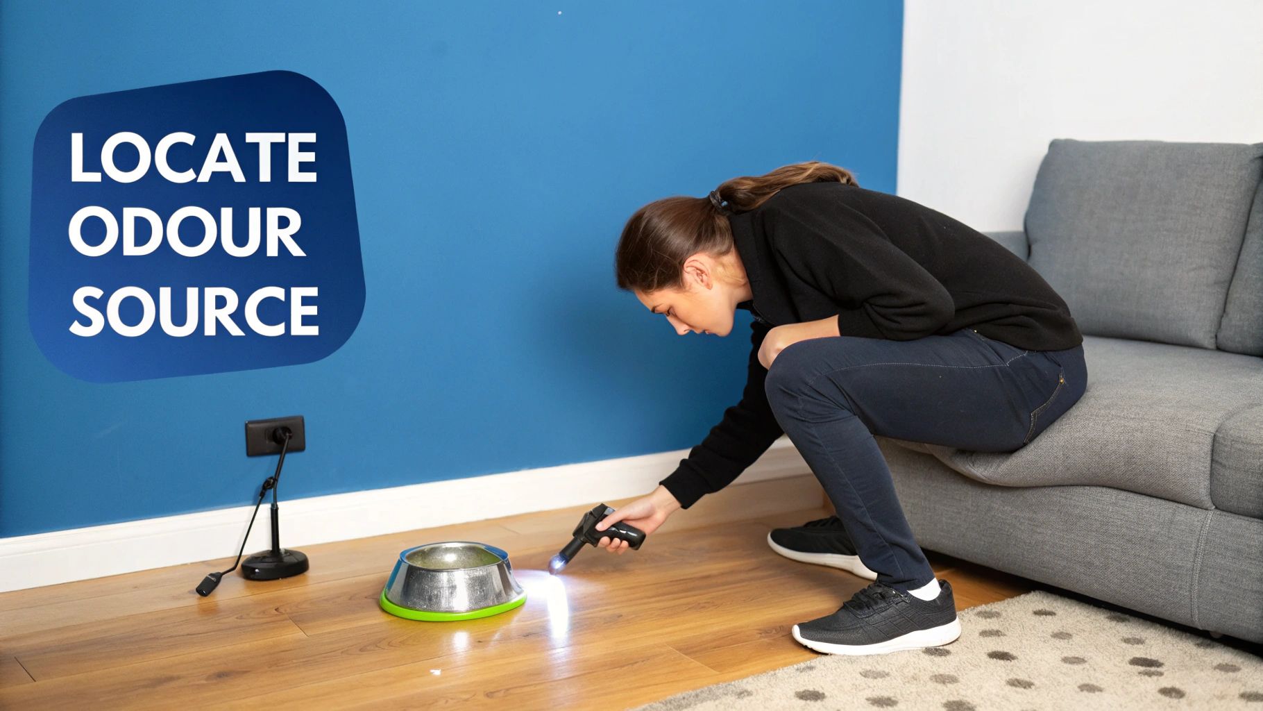 Bottles of white vinegar and bicarbonate of soda next to a green spray bottle and a cloth.