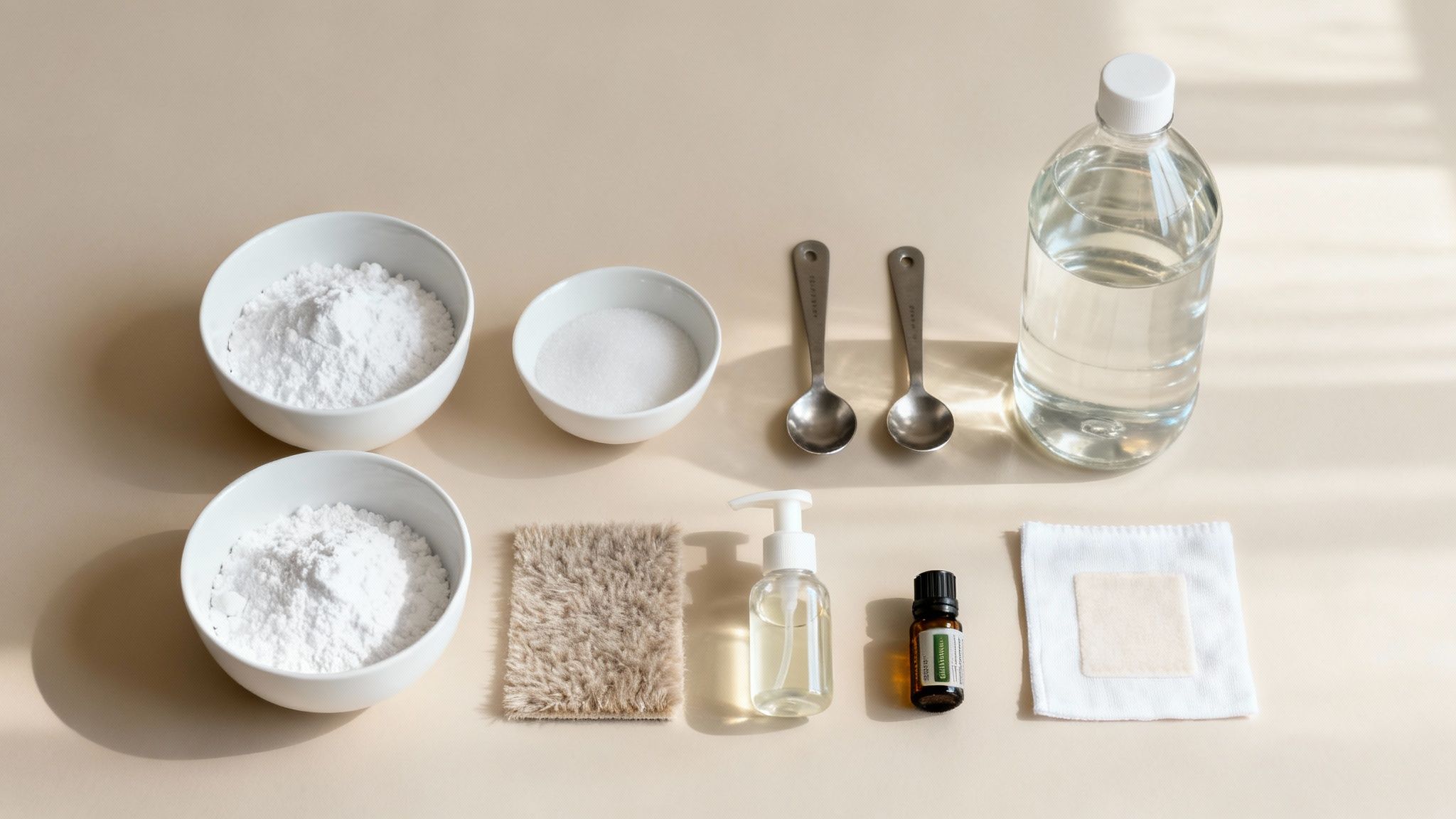 Ingredients for homemade cleaning solution including powders, liquids, essential oil, and cloths on a beige background.