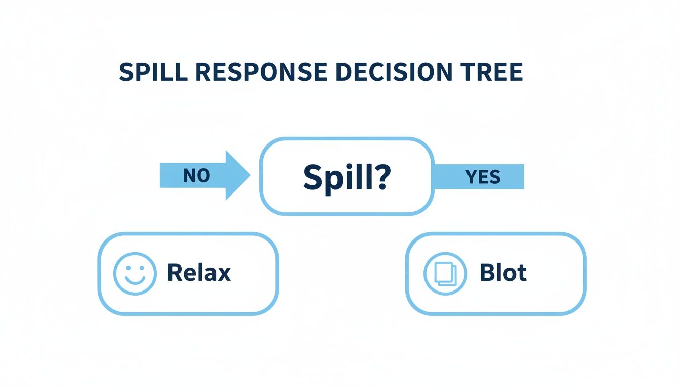 A simple spill response decision tree flow chart: Is there a spill? If no, relax; if yes, blot.