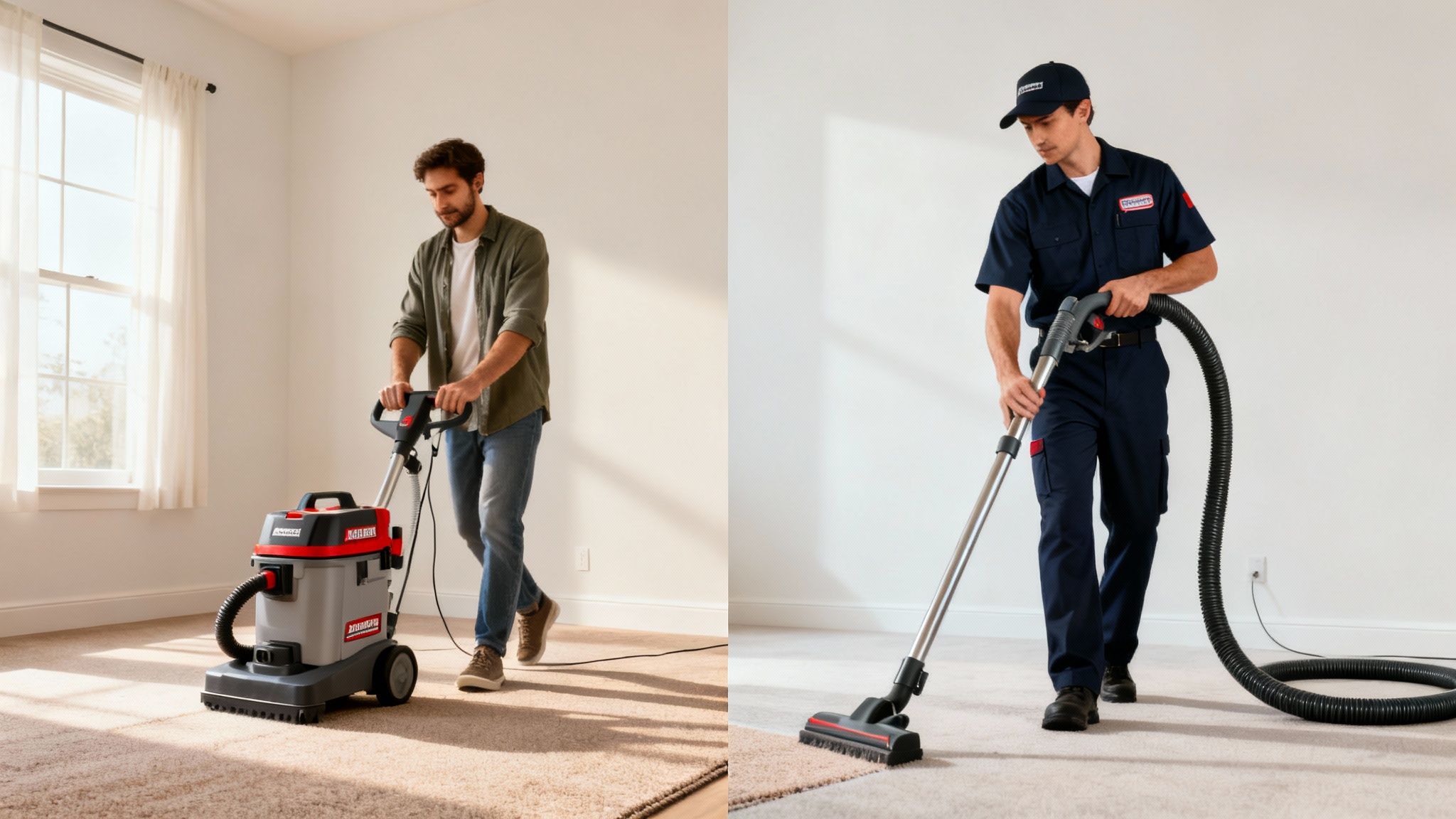 Two men demonstrating carpet cleaning techniques, one with an extractor machine, another with a vacuum.