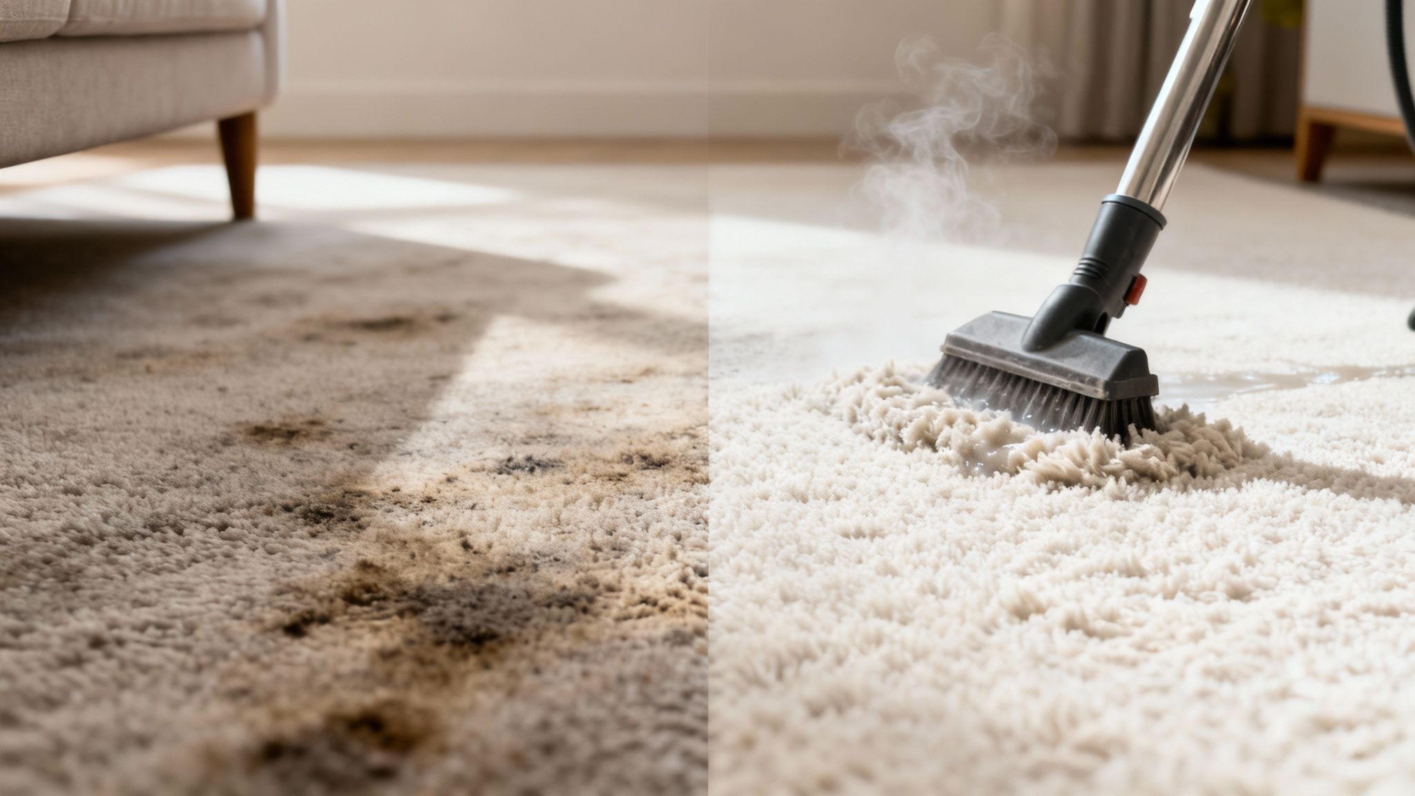 Before and after image shows a dirty carpet next to a steam cleaner cleaning a clean, fluffy carpet.