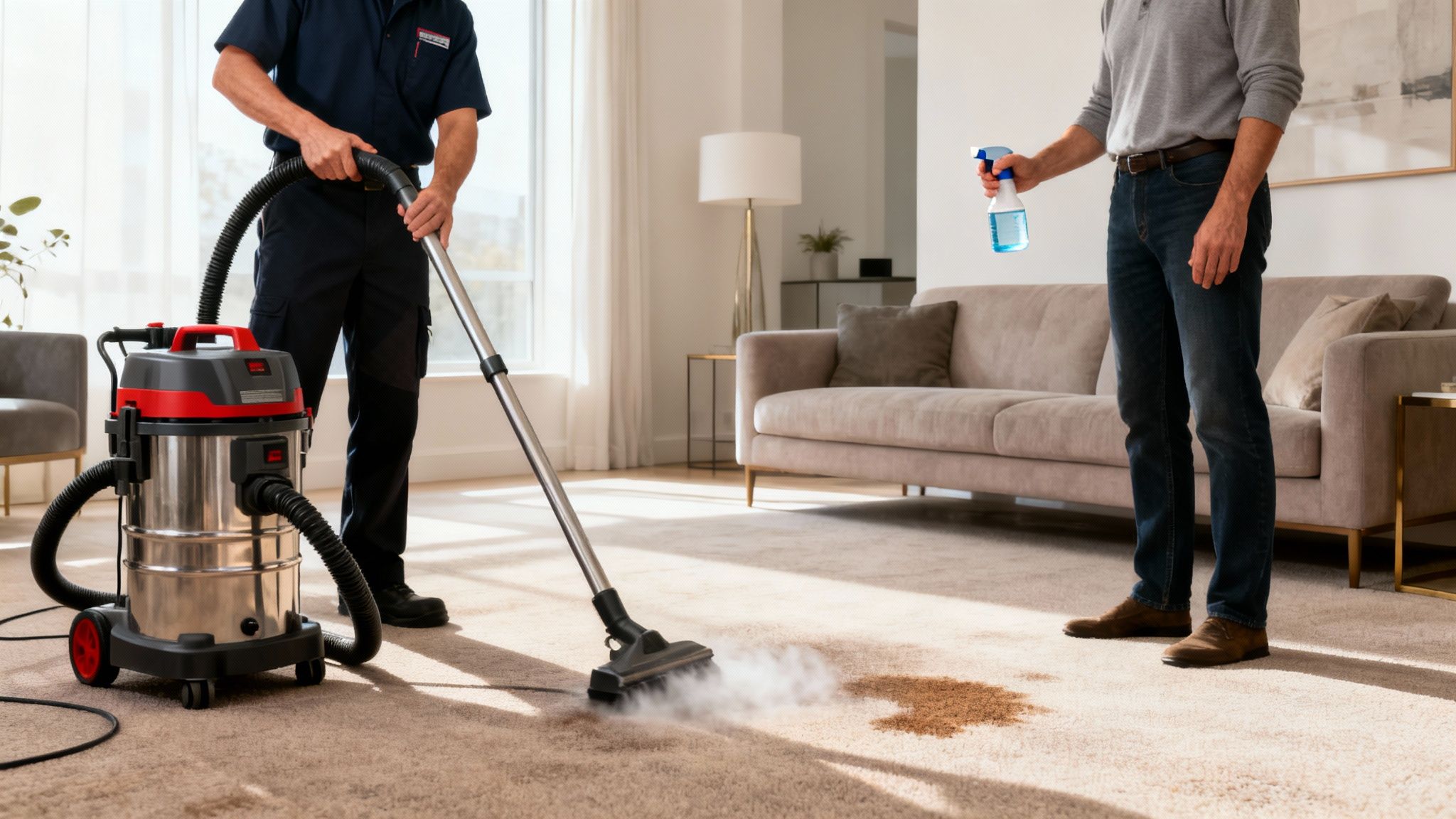 A professional carpet cleaner uses a steam cleaner on a dirty, stained carpet in a living room while a man watches.