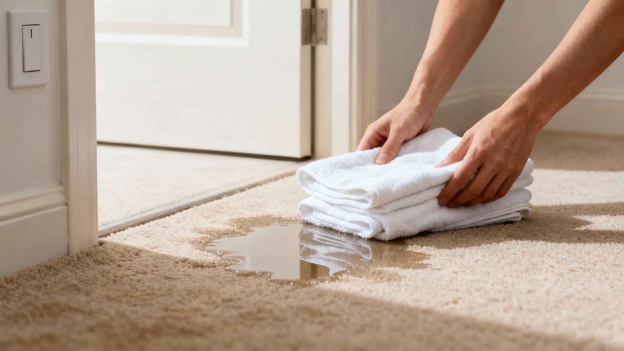 Hands place white towels on a wet light brown carpet to clean a water spill near a doorway.