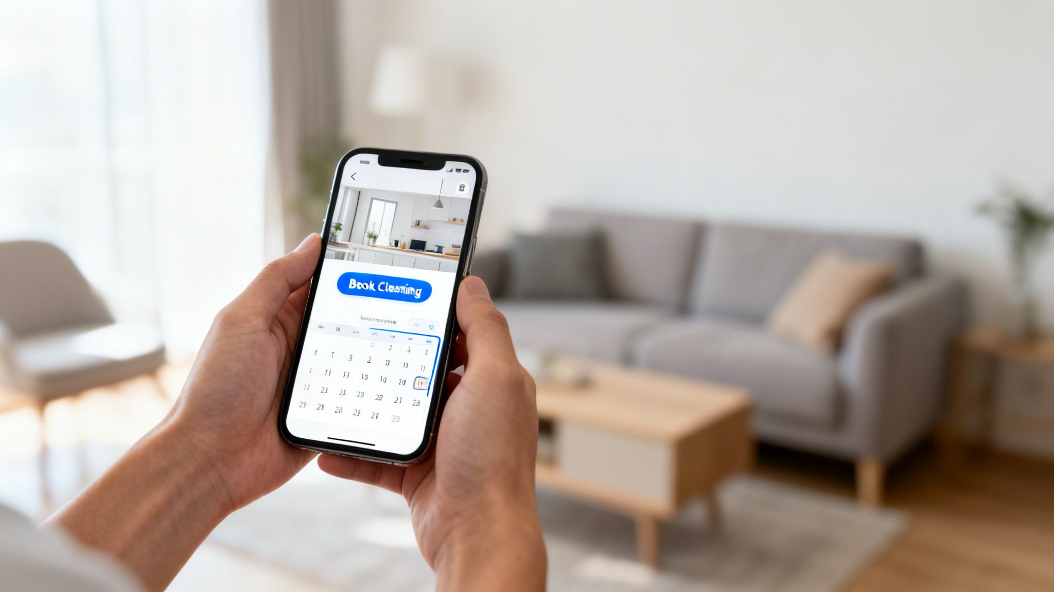 Hands holding a smartphone with a cleaning service app, displaying a calendar for booking in a modern living room.