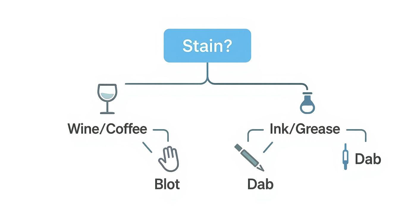 Flowchart showing stain removal methods for wine, coffee, ink and grease using blot and dab techniques