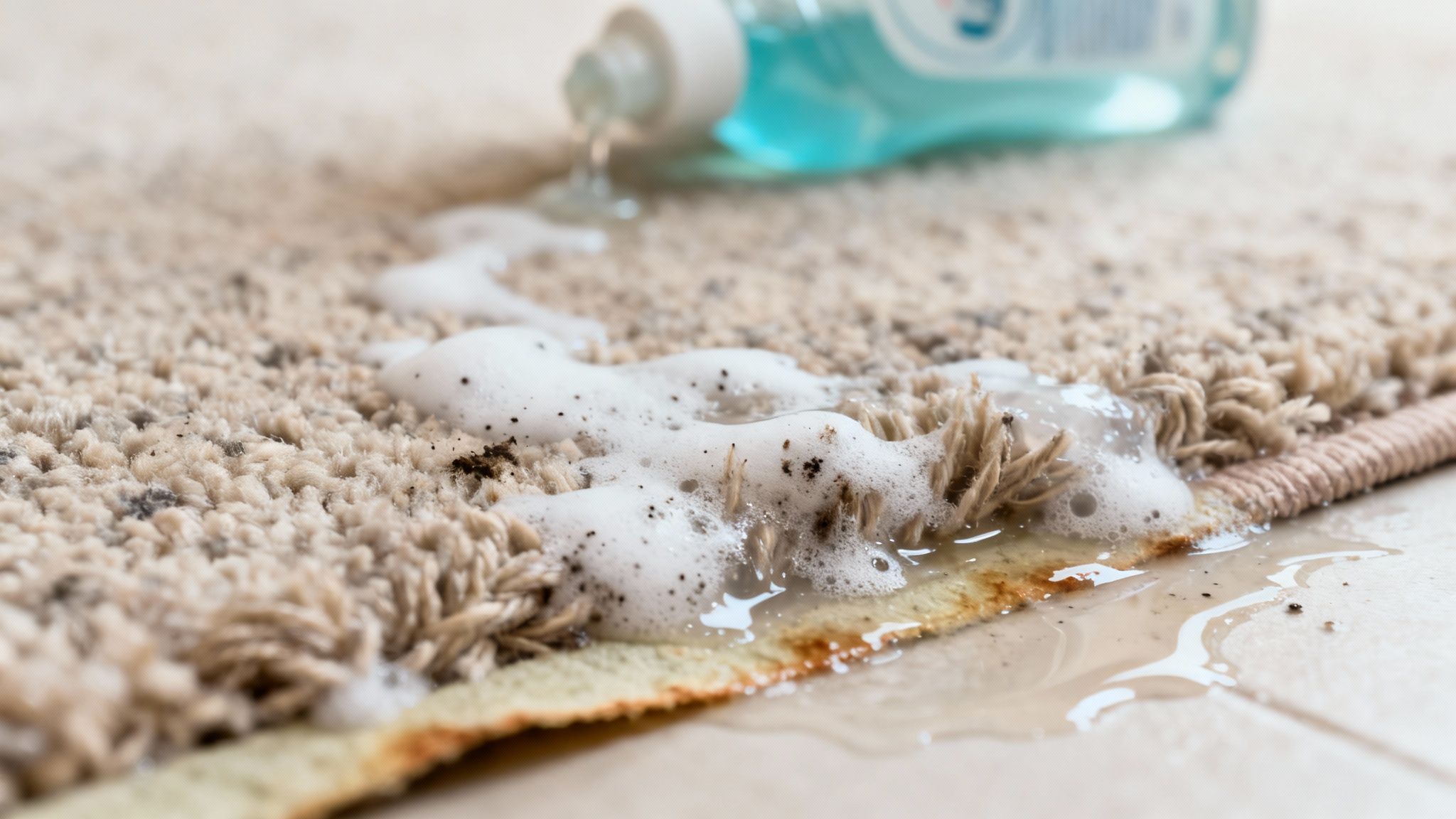 Blue cleaning solution poured onto a dirty beige carpet, creating foam to remove grime and stains.