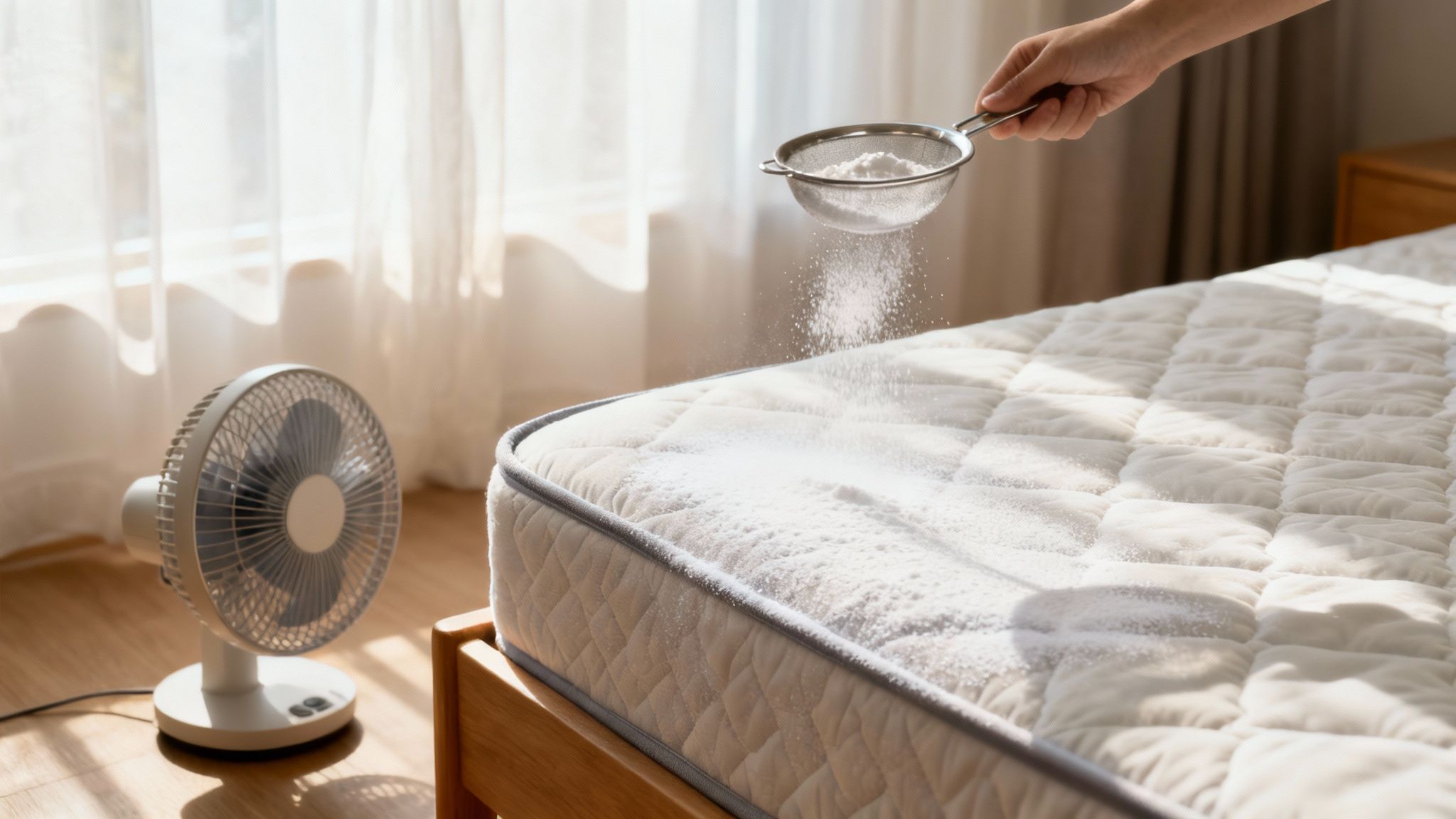 A person sifting white powder, possibly baking soda, onto a mattress for cleaning and deodorizing.