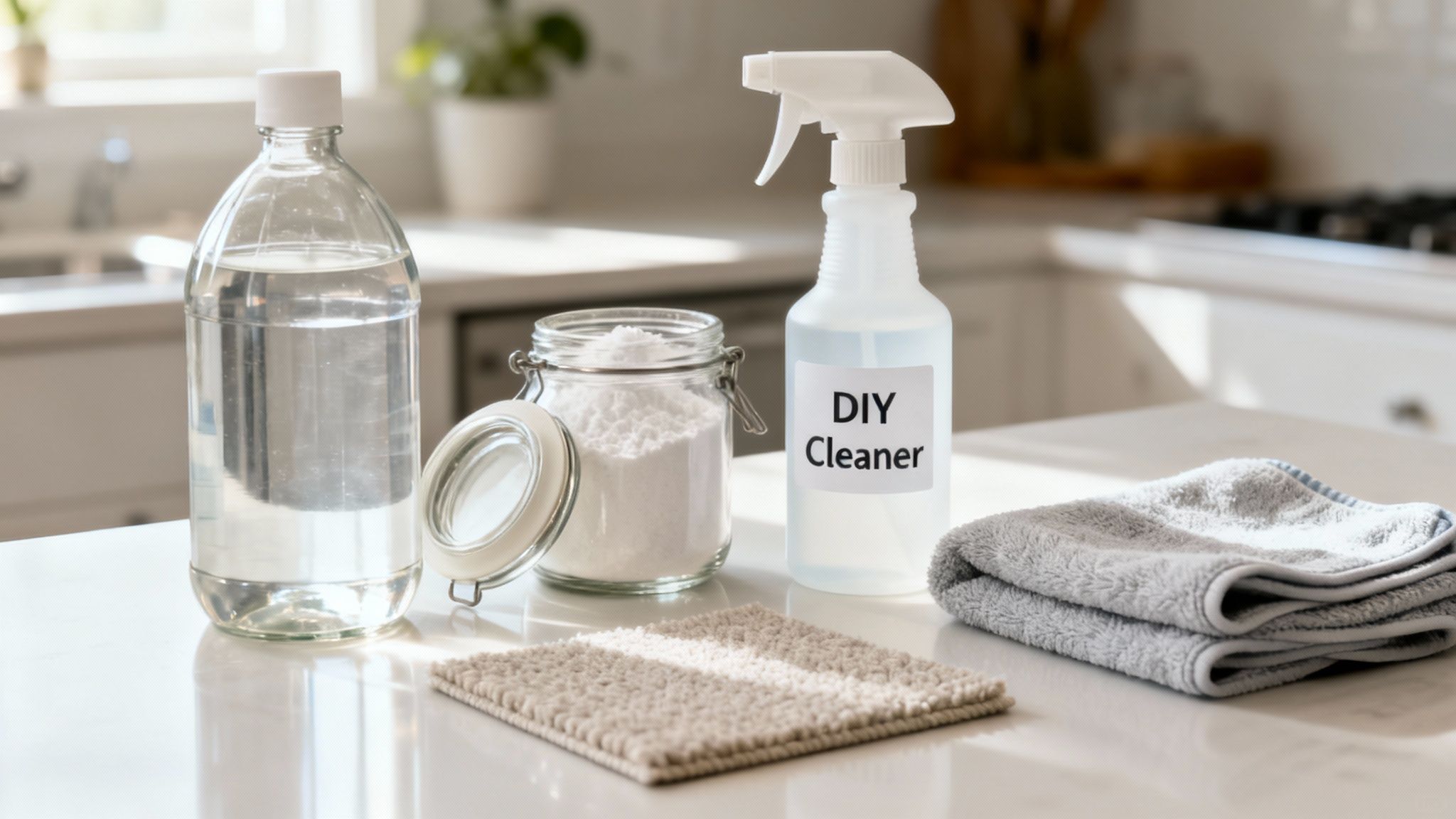 Homemade cleaning supplies including vinegar, baking soda, a spray bottle, and cloths in a bright kitchen.