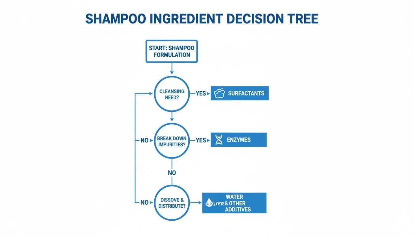 Flowchart outlining shampoo ingredient selection based on cleansing, impurity breakdown, and dissolving needs.