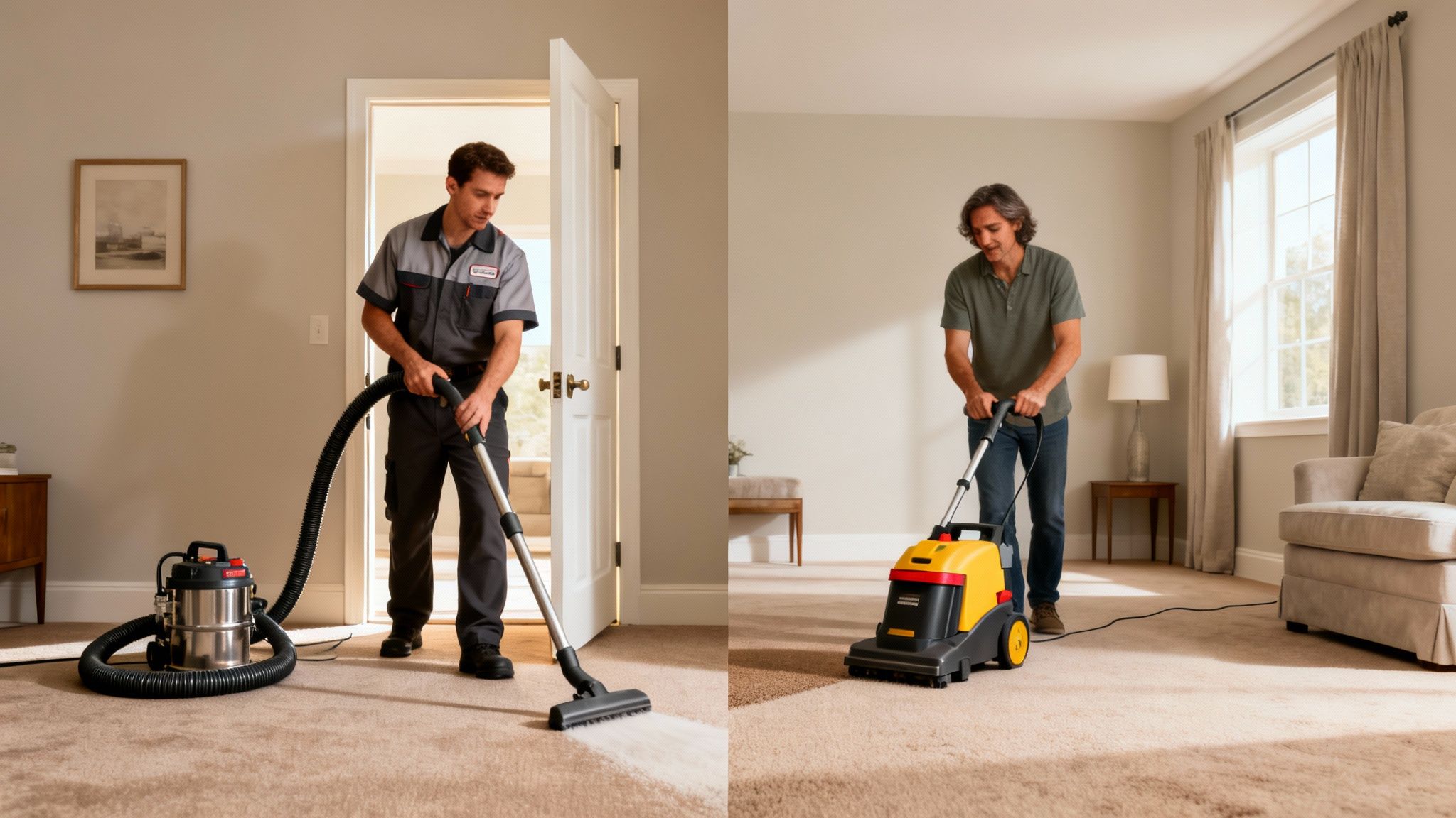 Two men are cleaning carpets in separate rooms, one using a wet vacuum and another a carpet cleaning machine.