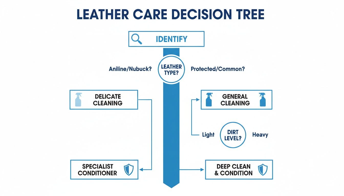 A detailed decision tree flowchart outlining leather care steps based on leather type and dirt level.