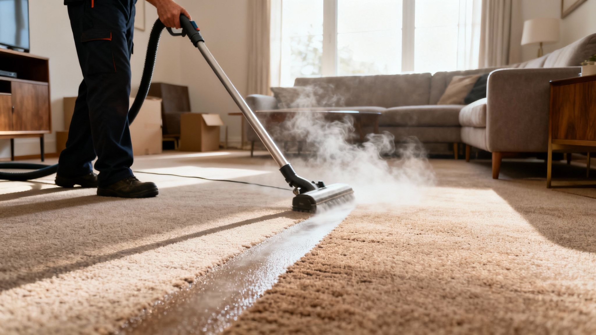 Person using a steam cleaner on a dirty beige carpet, creating a visible clean stripe.