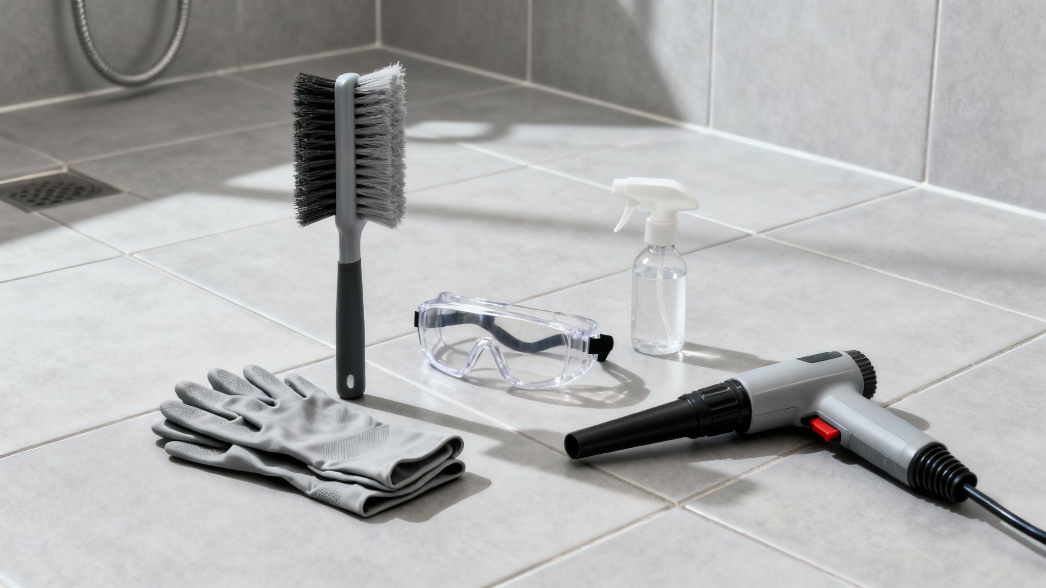 Shower grout cleaning supplies including brush, safety goggles, gloves, spray bottle, and heat tool on tile floor