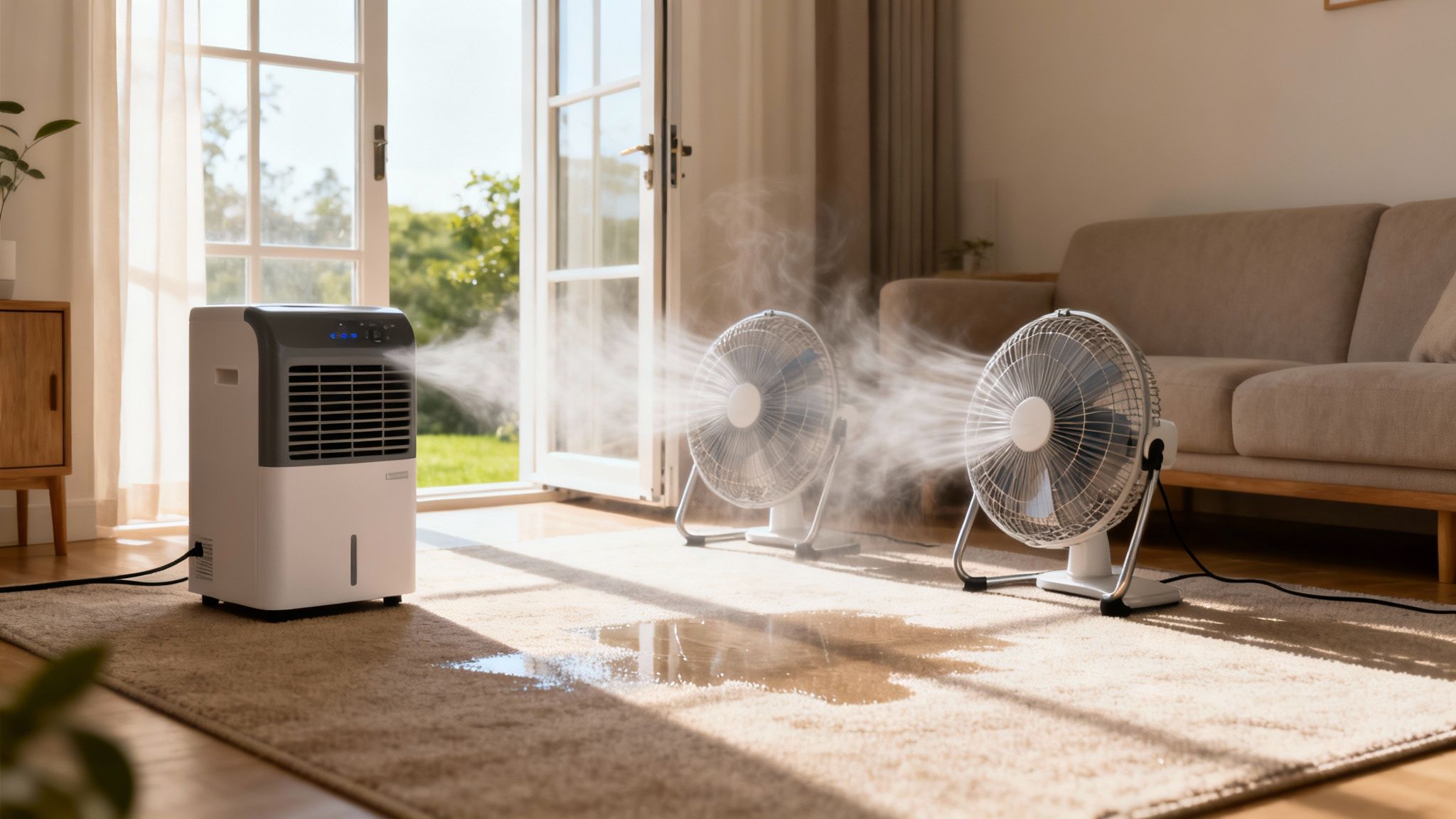 An air cooler emits mist, blown by two fans, creating puddles on a wet carpet.
