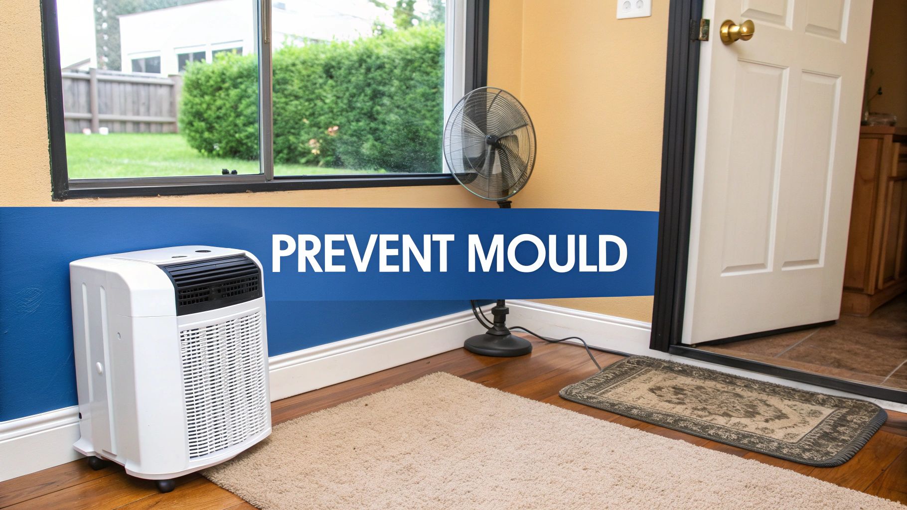 A bright and airy living room with clean carpets and good ventilation, representing a mould-free environment.