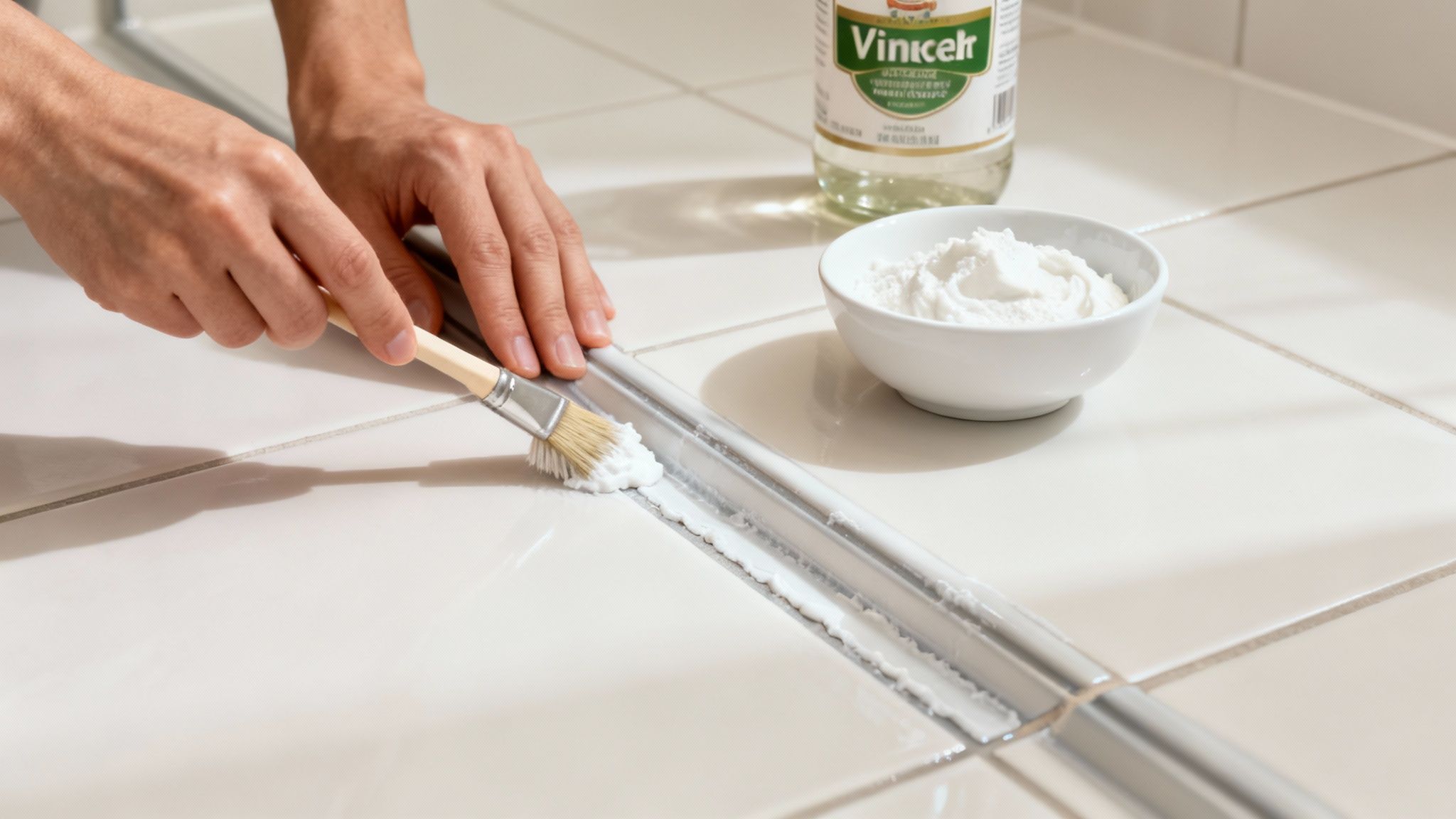 Person scrubbing tile grout with brush using white paste and vinegar cleaning solution