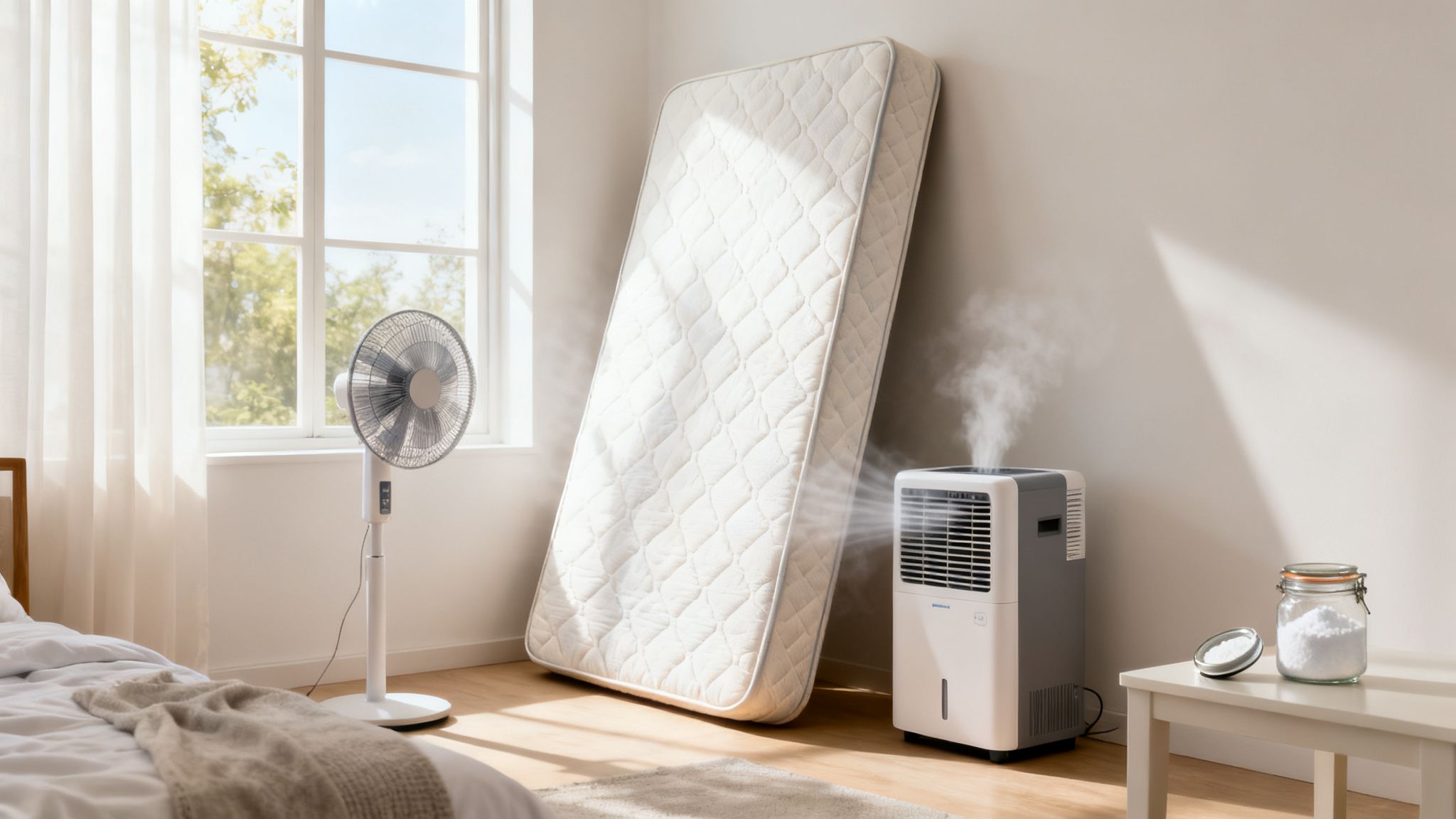 Bedroom with mattress airing out, a fan, a device emitting mist, and baking soda on a table.